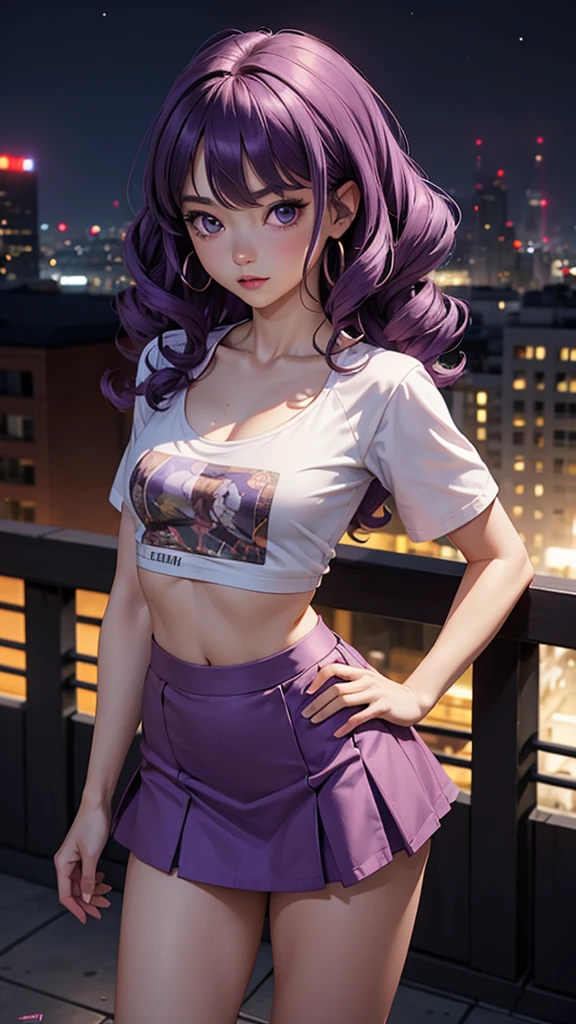 masterpiece, best quality, highres, high detail, beautiful woman, wavy hair, (purple hair), (blue eyes), ((blue tank top crop top and jean jacket)), ((long black skirt)), midi pencil skirt, leather boots, wearing headphones, bracelets, looking at viewer, clouds, city alley at night, (night sky), reflective light, blue light, neon lights,