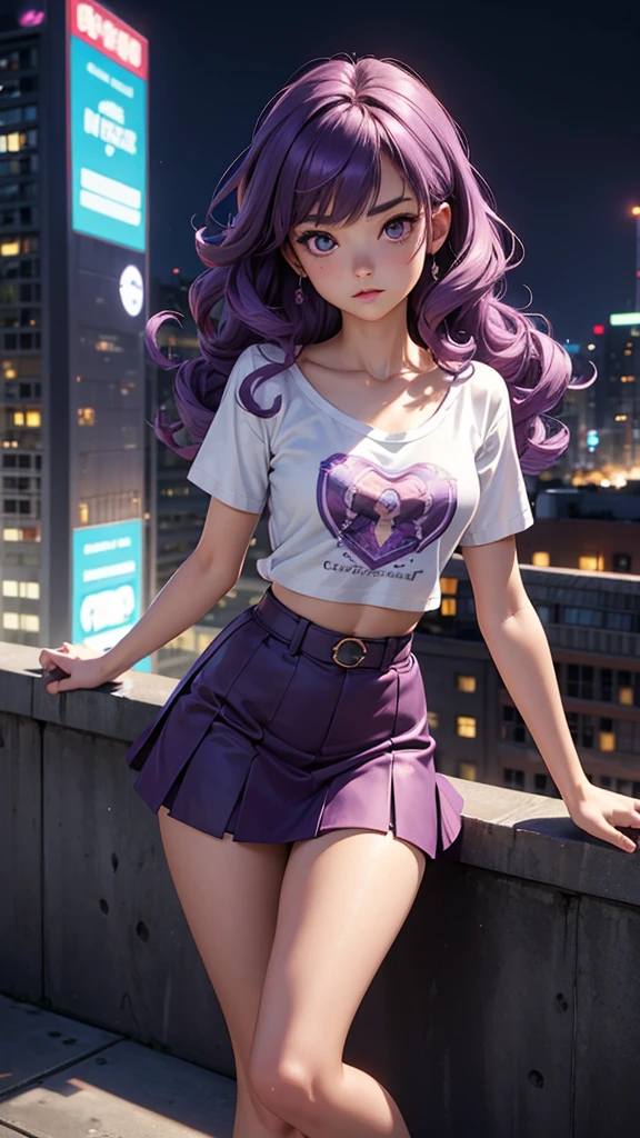 (masterpiece), (best quality), (detailed), light layer, 1solo girl, young girl, perfect body, purple hair in curls, defined large chest, small waist,defined collarbone, ultra realistic, photorealistic, detailed, ,Enhance, wearing an anime shirt and mini skirt, standing on the rooftop, nightime