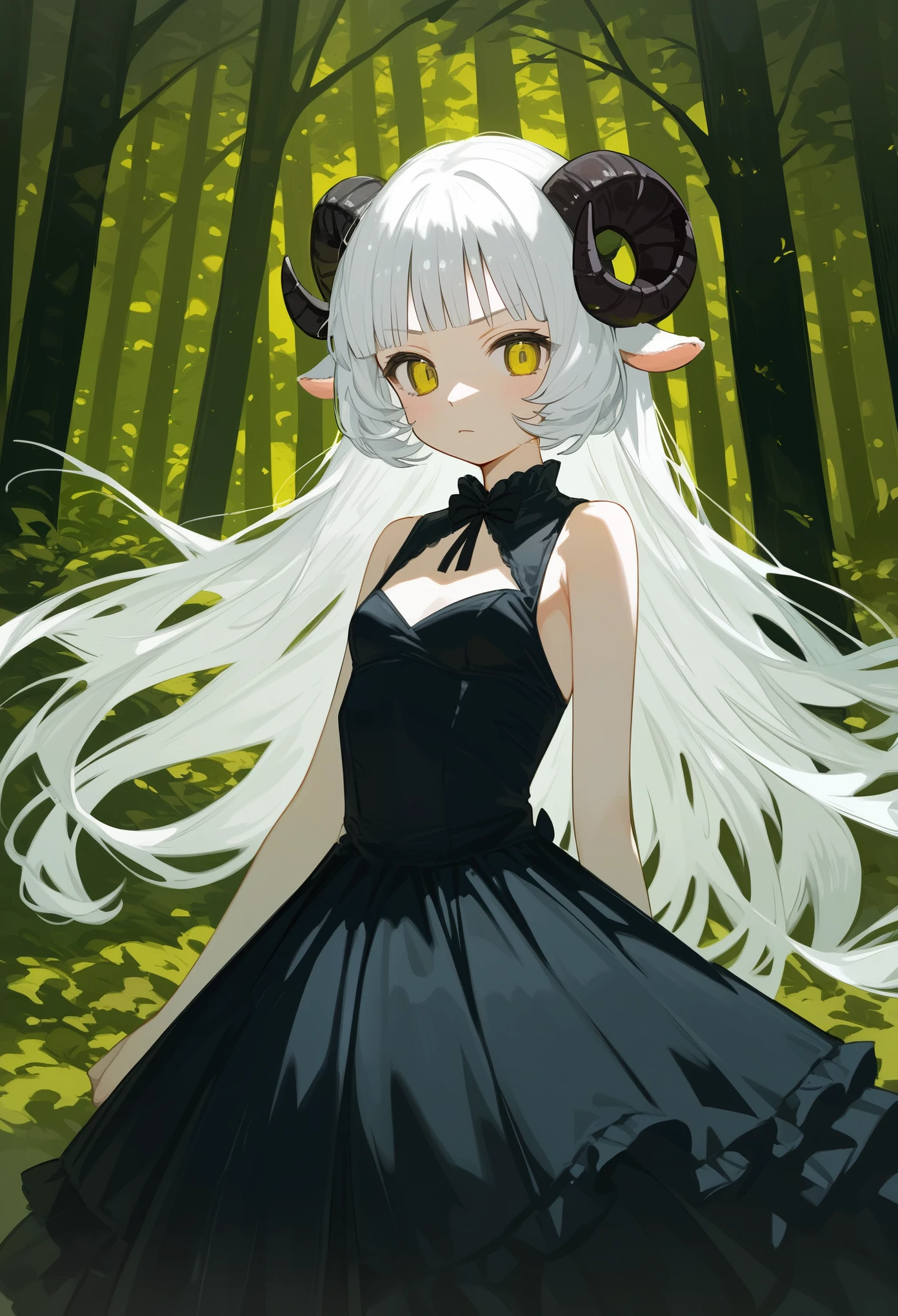 (score_9, score_8_up, score_7_up), 1girl, solo, (sheep horns, curled horns, black horns:1.2), (black sheep ears), white hair, long hair, hime cut, long bangs, pale skin, yellow eyes, serious, neutral, small breasts, standing, ****ta fashion, (black dress, old fashioned), (forest background, night), extended arms, upper body, masterpiece, best quality