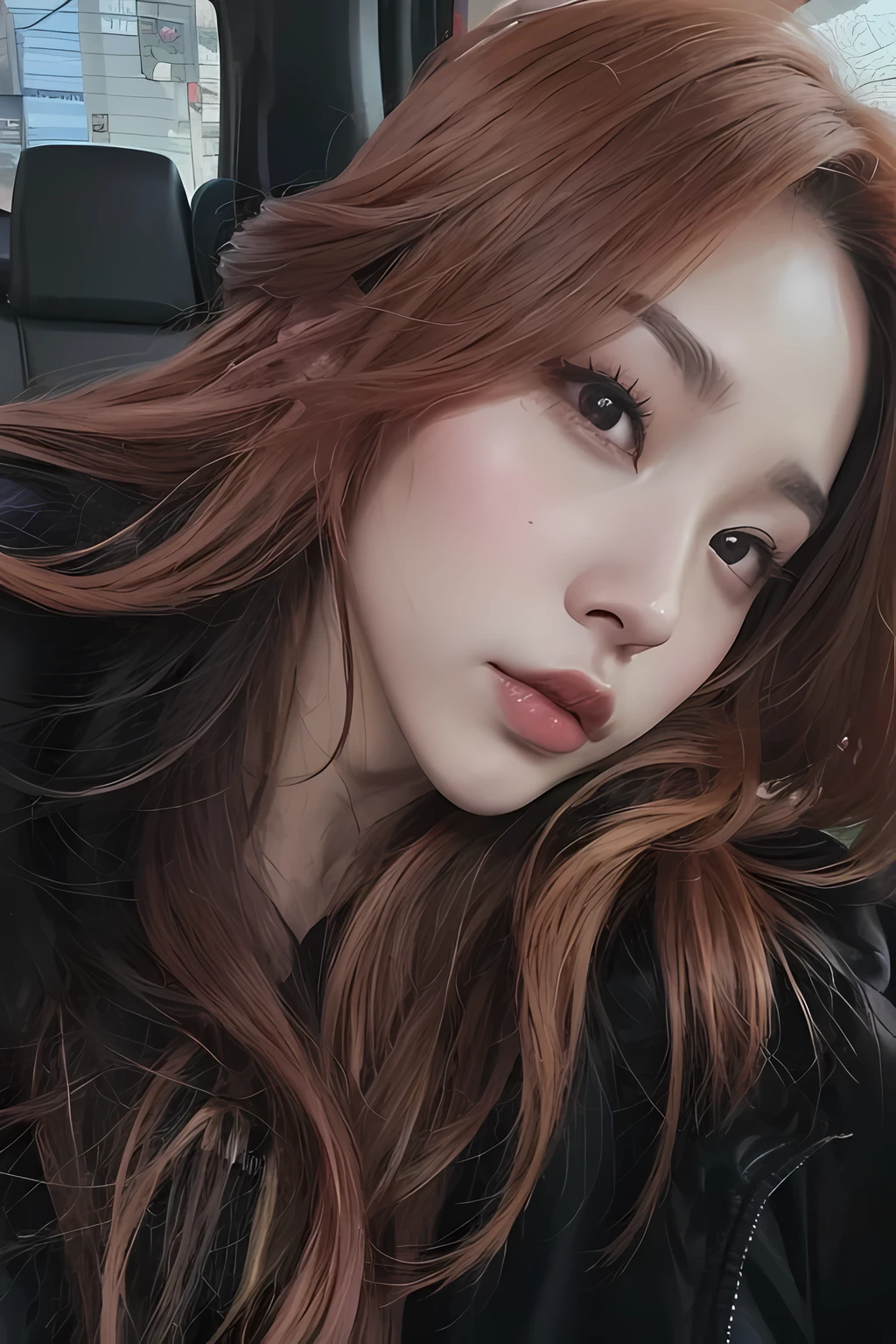 un primer plano de una mujer con largo cabello rojo y una chaqueta negra, inspirado en Tang Sin Yun Sandara, ella tiene el pelo largo color naranja, portrait of jossi de blackpink, jossi de blackpink, heonhwa choe, sun yunjoo, aparcar desde-min, tzuyu de dos veces, jinyoung shin, Con cabello rojo