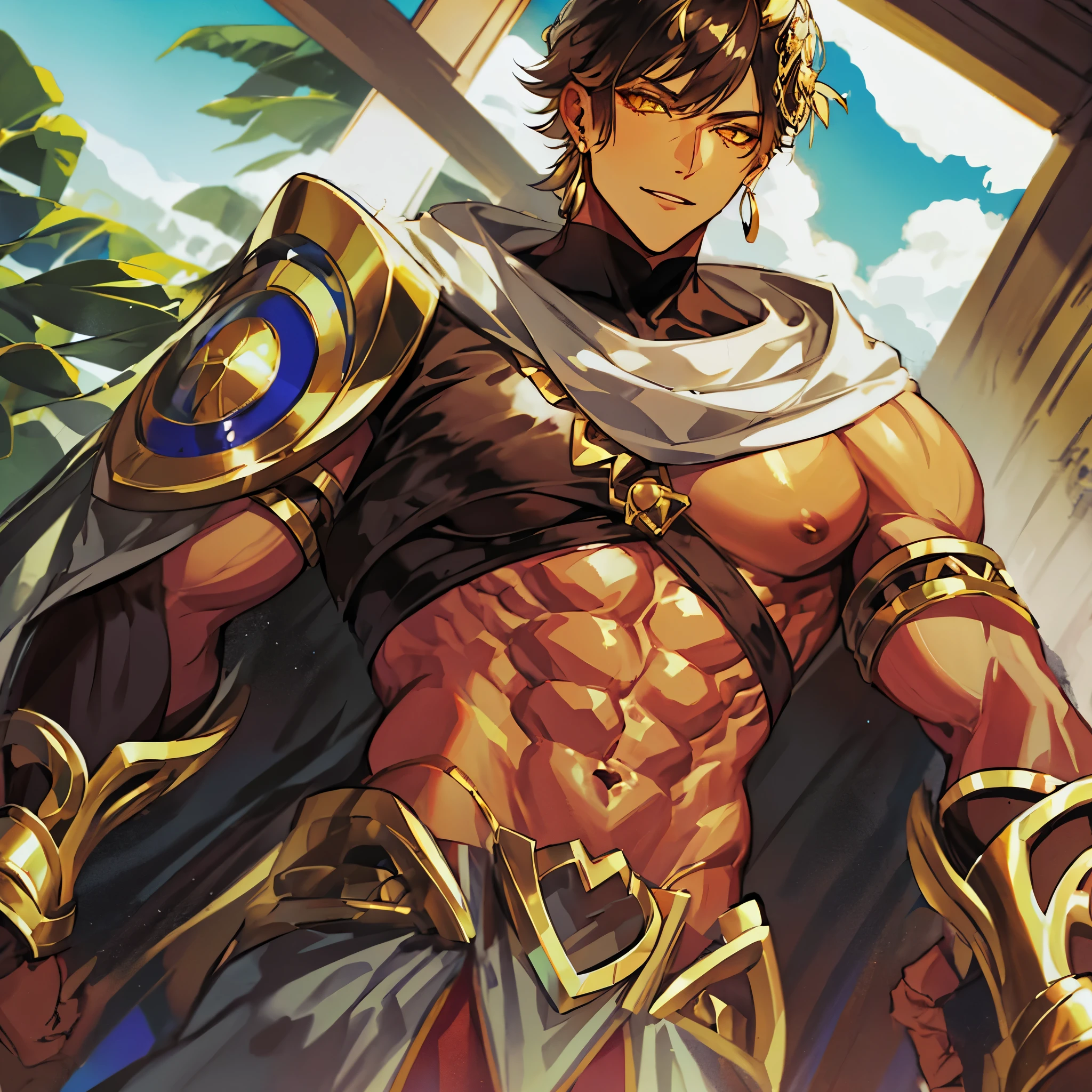 Ozymandias, hombre moreno, musculoso, ojos dorados, dark brown hair. PECTORALES. SONRISA EGOCENTRICA, MIRADA ????.