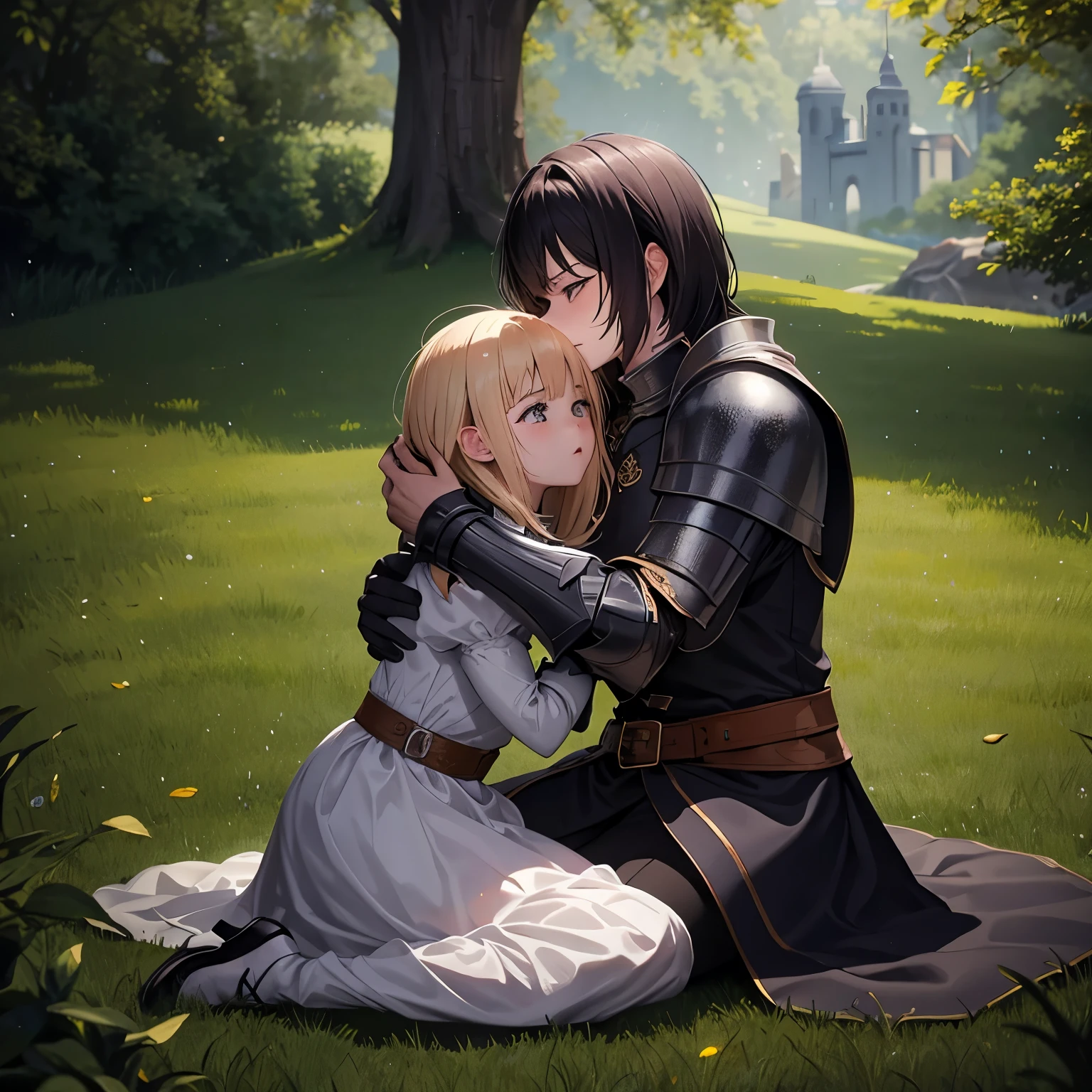 High quality super high quality masterpiece dramatic lighting, Middle Ages, an adult knight calms a little crying girl by hugging her on the grass! side view