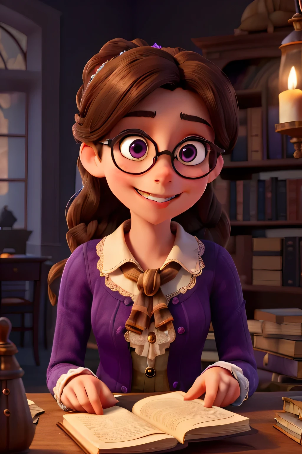 Belle, a beautiful young French woman with brown eyes veiled by glasses and brown wavy hair tied with a ribbon, stood in the dimly lit library, her perfect and scary smile playing on her lips as she held an old book of black magic in her hands. The pages of the tome were worn and yellowed with age, the cover adorned with intricatepurple glowing magic runes that seemed to pulse with an otherworldly energy.

As she delved deeper into the forbidden knowledge contained within the book, an ethereal ghostly beast began to emerge from within the pentagram drawn on the floor of the ancient mansion. The library was bathed in flickering candlelight, and