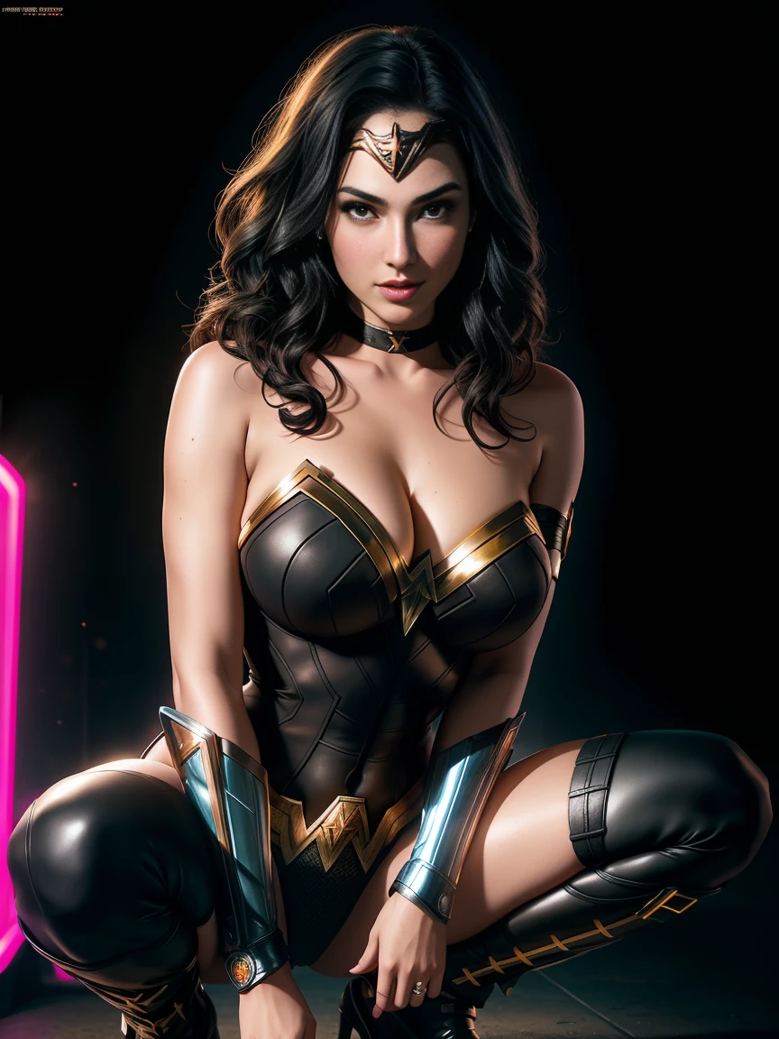 there  IS GAL GADOT AS WONDER WOMAN squatting, long hair, 3 d neon art of a womans body, neon-noir background, cyberpunk femme fatale, seductive cyberpunk dark fantasy, cyberpunk strip clubs, cyberpunk 20 y. o model girl, oppai cyberpunk, banner, high definition cgsociety, cgsociety masterpiece, trending on cgstation, kda, random hair, looking at camera, gigantic breasts, cleavage, (high detailed skin:1.2), 8k uhd, dslr, super lighting, high quality, film grain, high res, highly detailed, hyper realistic, beautiful face, beautiful body, beautiful eyes nose lips, alluring expression, very bold, upper  visible, full body photo, standing legs apart, pale translucent glowing skin, most beautiful face, cute, (well defined pubic hair:1.2)), (dark plain black background:1.4))