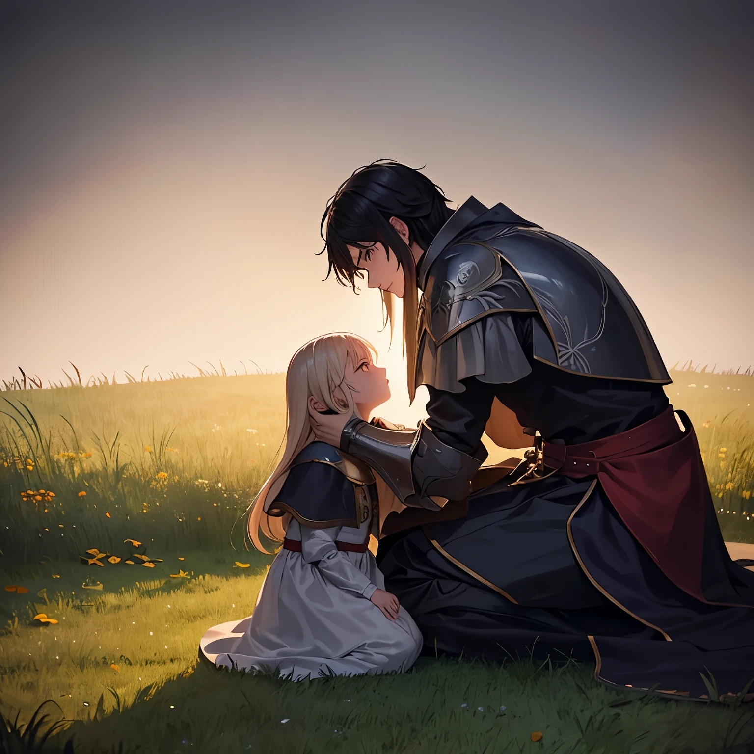 High quality super high quality masterpiece dramatic lighting, Middle Ages, an adult knight calms a little crying girl by hugging her on the grass! side view