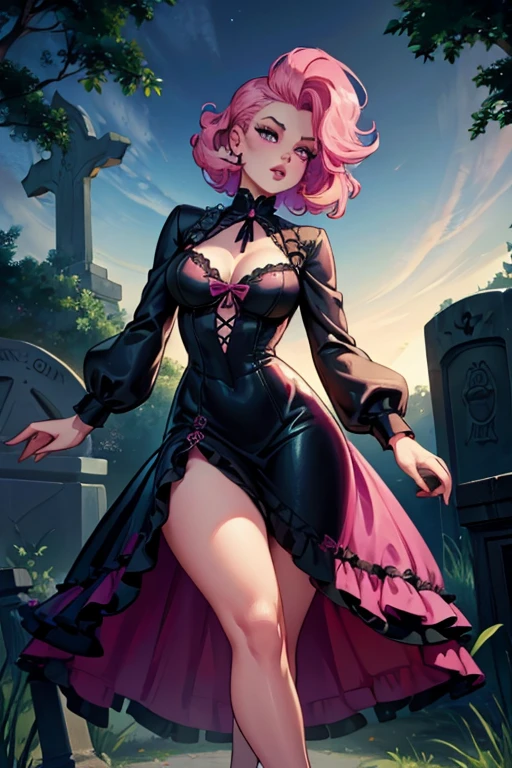 A pink haired woman with violet eyes in an hourglass figure in a Gothic rockabilly dress is walking in the cemetery at night with a flashlight