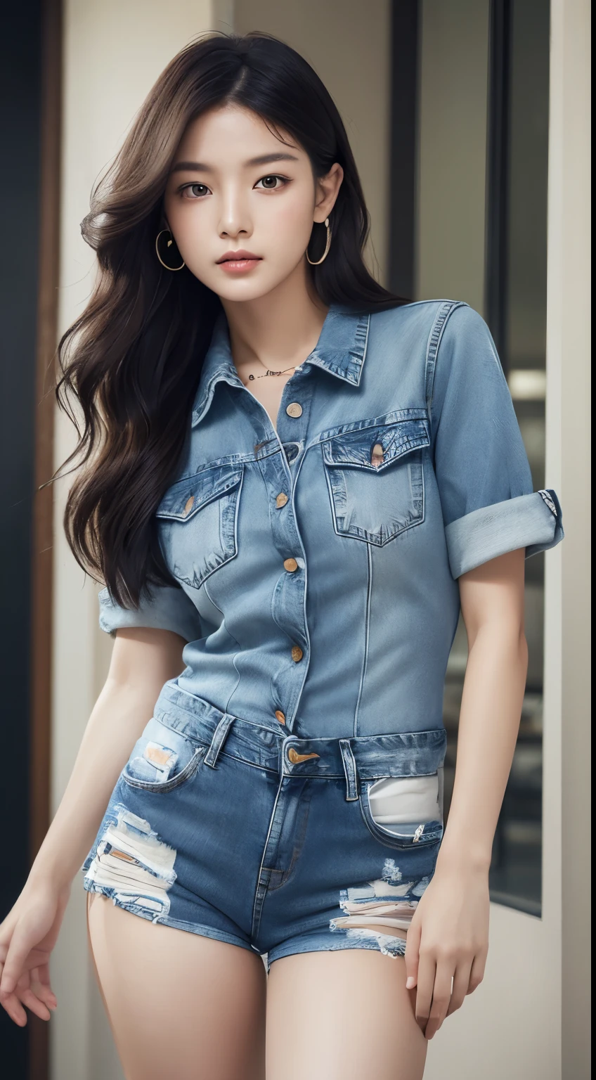 1 Female，Korean，Round face，Very long hair，Roll-up denim shorts,2WAY gradation denim dress，(highest quality、Ultra-detailed､High resolution illustrations、Ultra-high-definition CG、Audio、Improve skin quality、reality、masterpiece、High detail)，Woman with left hand in pocket，Upper Body