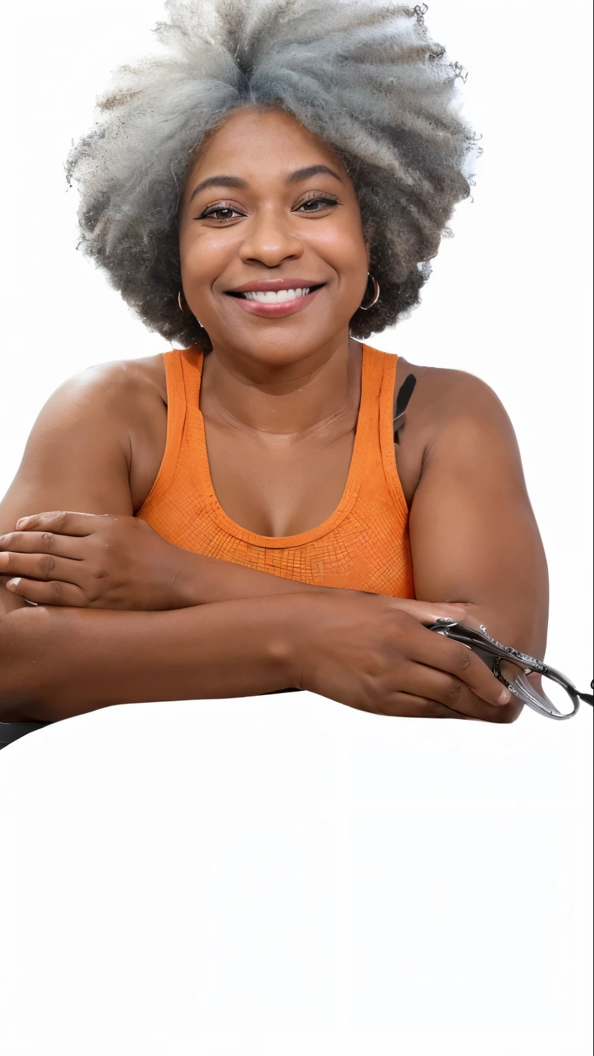 mulher sorridente with gray hair and orange tank top holding scissors, foto de uma mulher negra, tina belcher como uma pessoa real, posing with crossed arms, mulher feia, crossed arms, looks like fabiula nascimento, mulher afro-americana, retouched hands, mulher sorridente, foto de uma mulher, tiro de glamour, Dramatic smile pose, com fundo preto