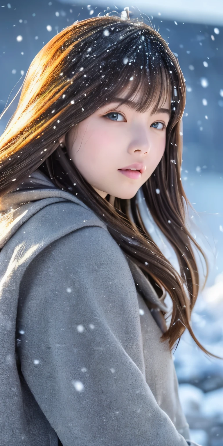 ((Hair blowing in the wind、No makeup:1.2))、(Realistic、Photorealistic、Very detailed、Best detailed skins、highest quality、masterpiece、超A high resolution)、Cute Russian Women、14 years、high school girl、Young girl、1 girl、Has bangs、Ash Blonde:1.7、double eyelid、Drooling eyes、Japanese style face、purity、Realistic肌タイプ、Thick muffler、Gray muffler、Fluffy hair、((There'scarf hair:1.3))、Red cheeks、The wind is blowing、that'that'it's snowing、night、illumination、Lighting from behind、Hair blowing in the wind、((Antarctica、Meteors、The world of Aurora))