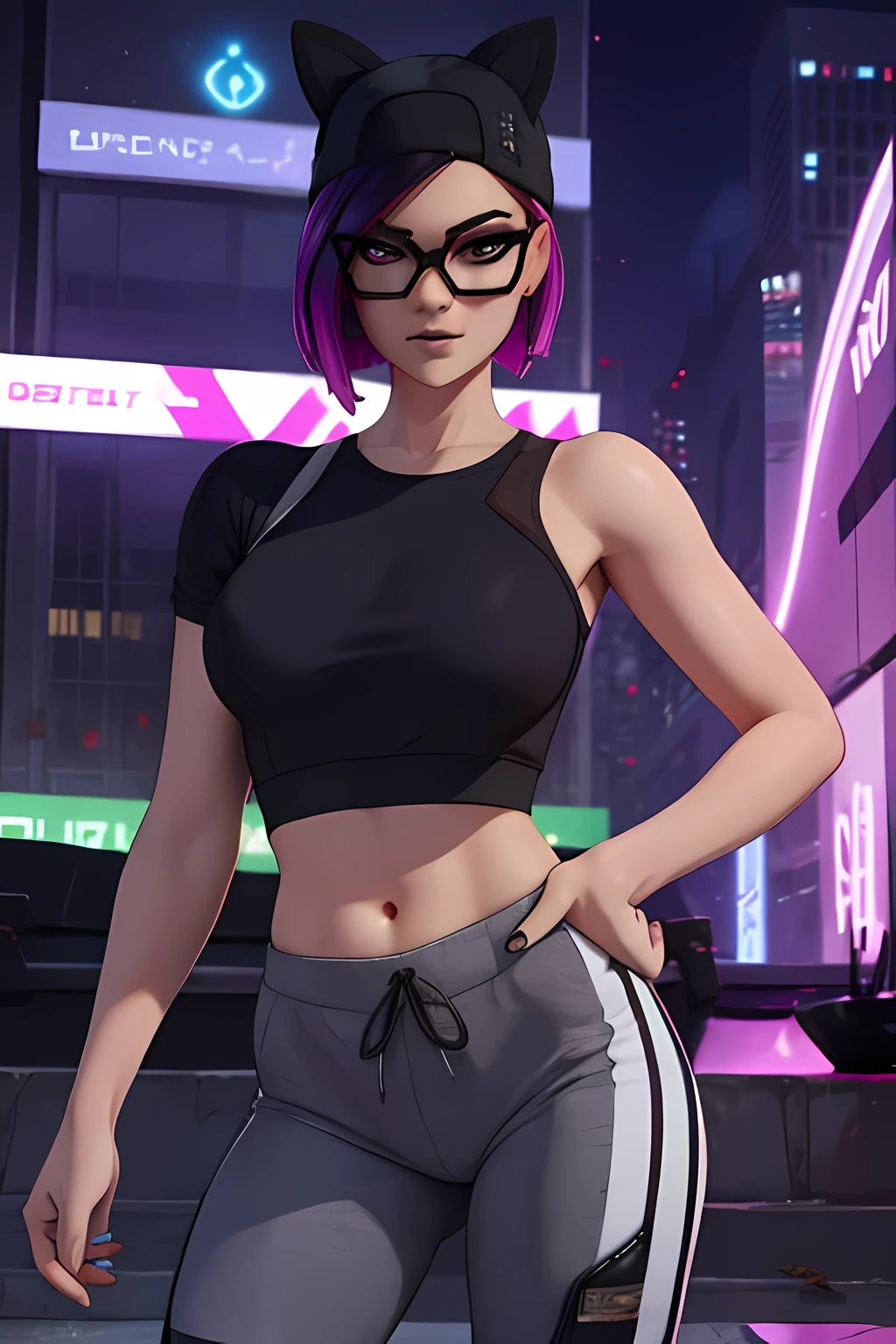 Traje de lino Cyberpunk, jogger pants Azul con negro Noche ,Extremadamente detallado, rostro detallado, gafas ,hermoso rostro, ojos finos, mirando al espectador, pose femenino.