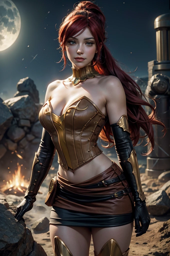 stunning girlfriend, heart shaped face, elegant face, beautiful face, highly detailed face, highly detailed skin, skin pores, subsurface scattering, realistic pupils, full lips, detailed background, depth of field, atmospheric perspective, volumetric lighting, sharp focus, absurdres, realistic proportions, good anatomy, (realistic, hyperrealistic:1.4), 16k hdr, ((best quality)), ((highly detailed)), absurdres, (detailed eyes, deep eyes), (1girl), full body, pyrrha nikos, rwby, red hair, ponytail, green eyes, medium breasts, smiling, circlet, bustier, bare shoulders, skirt, elbow gloves, bracers, armored boots, night, stars, moonlight, standing, in entrance to cave, underground pool, rocks, crowd