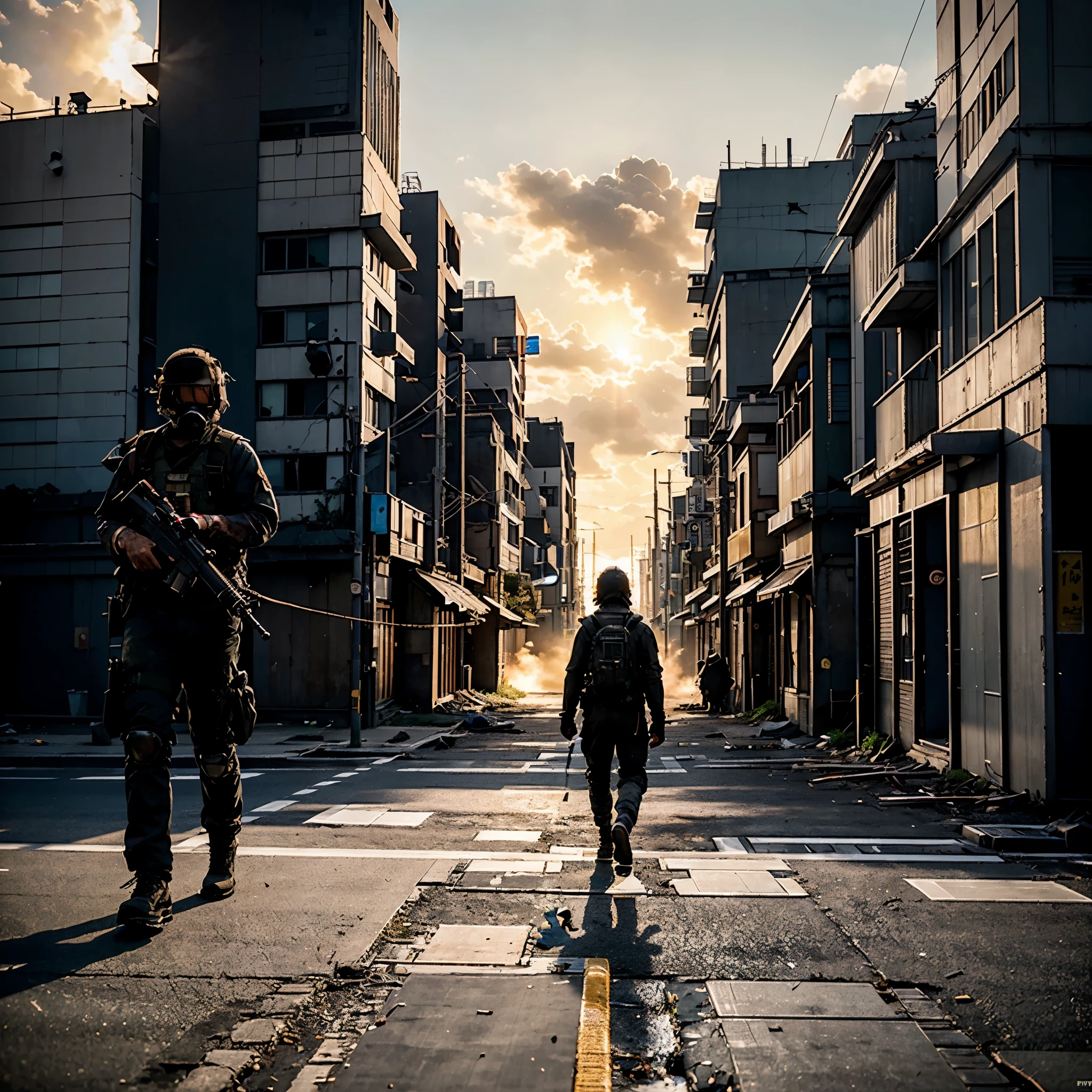 GROUND LEVEL VIEW, HYPER REALIST, A JAPANESE MILITARY with a machine gun, wearing a MILITARY GAS MASK, WALKING TO THE CAMERA POSE, SUN RISE, STANDS ON STREET OF THE POST-APOCALYPSE RUINED AND DESTROYED TOKYO CITY, IMPACTFUL VISUAL DESTRUCTION, STYLE THE LAST OF US, outdoor PHOTO, CINEMATIC LIGHTING, PHOTOREALISTIC DETAILS, DYNAMIC SHADOWS ,ATMOSPHERIC EFFECTS, LIFELIKE TEXTURES, HIGH-DEFINITION, IMMERSIVE ENVIRONMENT, SUBTLE COLOR GRADING, AUTHENTIC ATMOSPHERE, DETAILED TEXTURES, GOLDEN HOUR, FANTASY, UNREAL ENGINE 5, ray tracing, award winning photo, MASTERPIECE photograpy, trending on artstation, HDR, UHD, 8K, BY NAUGHTY DOG