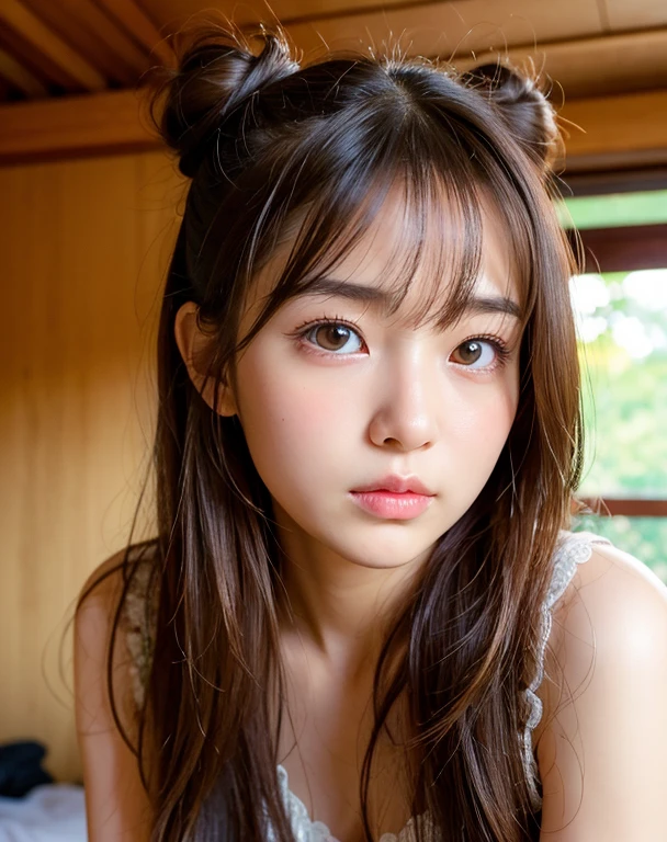 highest quality, Face Focus, Soft Light, Ultra-high resolution, (Realistic:1.4), RAW Photos,
1 Japanese girl, alone, cute, (pupil, Light in your eyes),  Beautiful face in every detail, (),(High resolution detail of human skin texture),
(Long Hair)、Cheeks、Bun Hair、
indoor,
A thin frilled camisole,From below、
(Portraiture)