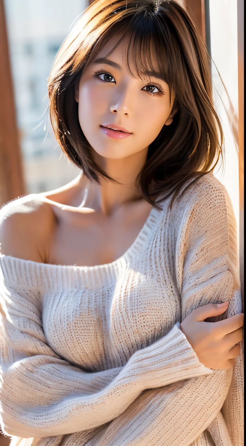 highest quality, 8k, 32k, masterpiece, Ultra-high resolution: 1.3), Attractive Japanese women photos, One Girl, (whole body : 1.0), Abdominal muscles, Perfect body, (Oversized tunic sweater : 1.1), (boots:1.1), Highly detailed face, Detailed lips, Beautiful Eyes, double eyelid,short hair,Disheveled Hair,