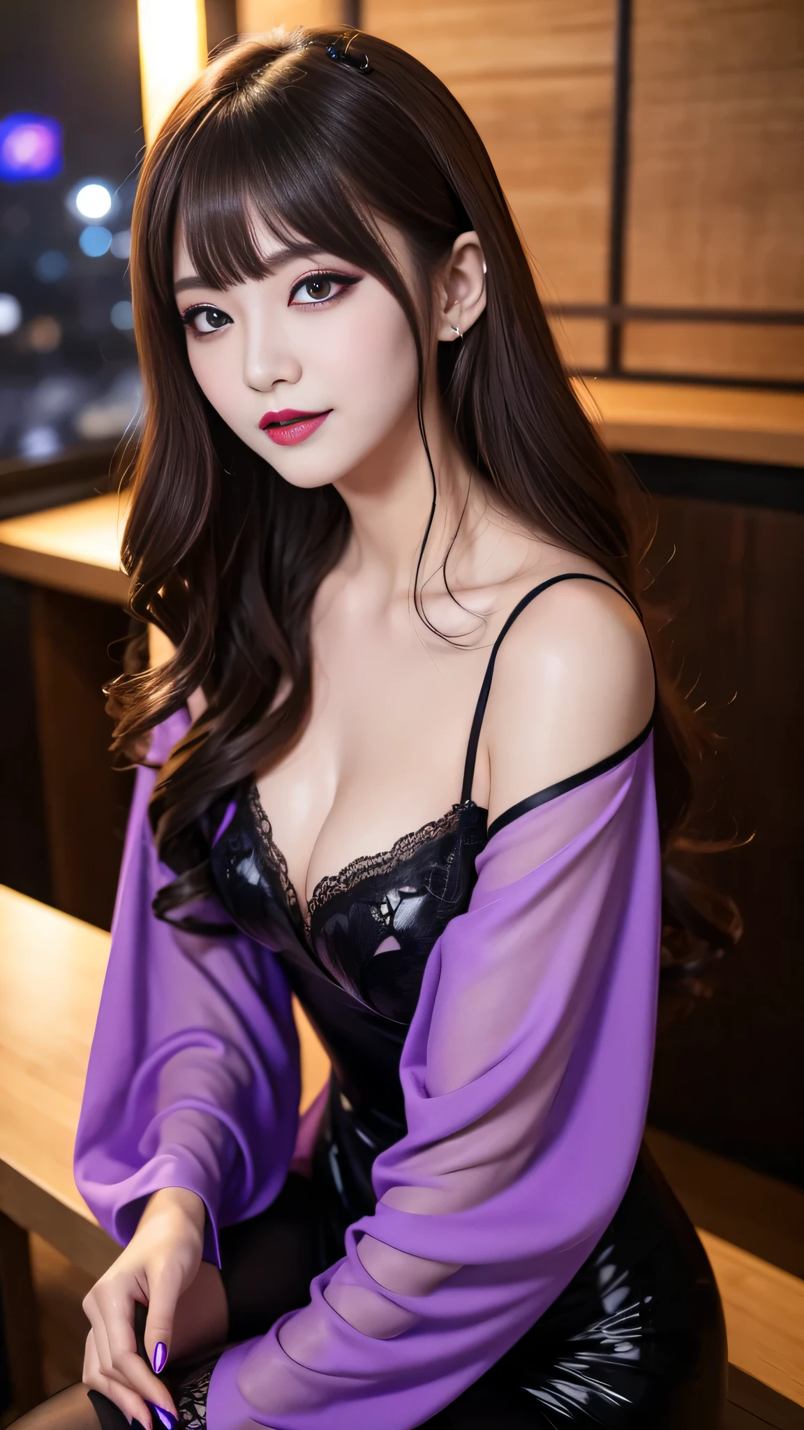 best quality、ultra-detailed、4k、Japanese、Seductive beauty、seductive adult woman、Pretty Woman、cool girl、Villainess、Brainwashed、brainwash、Fallen into evil、smirk、Evil look、Wicked Smile、evil、Brown hair、wavy hair、swept bangs、dark makeup、dark makeup、piercing eyes、hollow eyes,half-closed eyes、Hollow Eyes、Purple Eyeshadow、Purple lipstick、Purple lipglos、Long Black Cheongsam、Wide sleeves、small breasts、pantyhose、night、inside basement