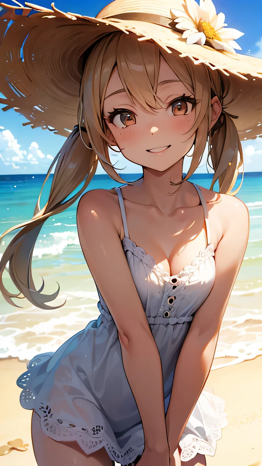 (Best quality, dynamic lighting, highly detailed, HDR) blonde haired young woman, twintailed, cute, pretty, beautiful, brown eyes, skinny, , short, small breasts, white floral summer dress, summer hat, bare shoulder, cleavage, sleeveless, smiling, beach background.