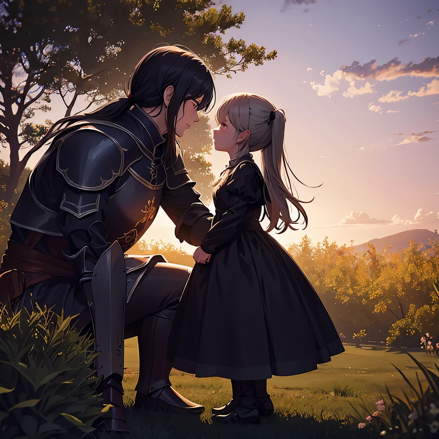 High quality super high quality masterpiece dramatic lighting, Middle Ages, an adult big knight calms a little crying girl with a pigtail hugging her on the grass! side view! Profile view!