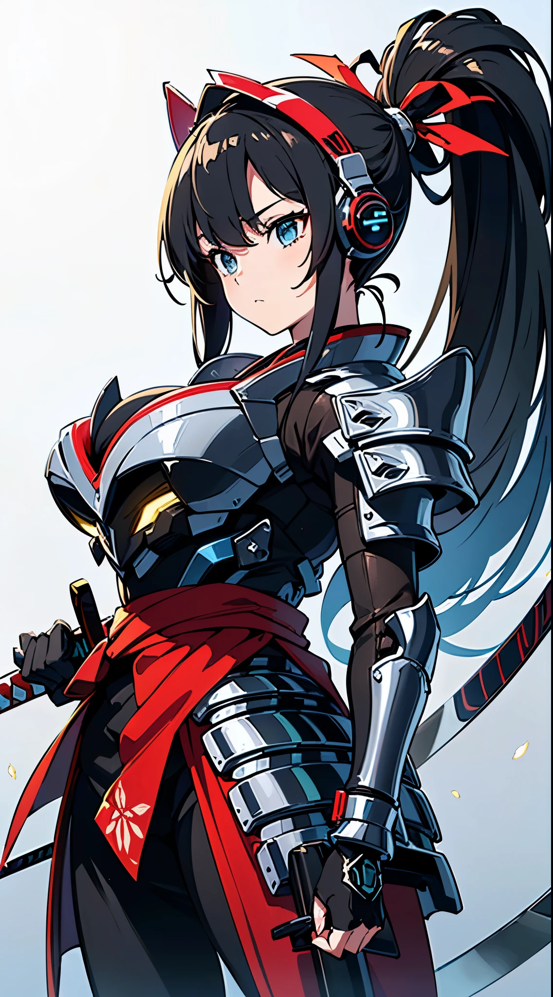 (Dynamic pose:1.3)、(Cyber Headphones:1.3)、Beautiful woman,(((head shot:1.5)))、(((samurai kimono)))、 (((Mechanical Samurai、Machinery Armor))), ((Perfect figure, Beautiful Face, Beautiful Face, Ponytail Hairstyles, Beautiful Skin, Very detailed髪, Finer details)), (Completely android woman)、(((Cinema Lighting, Beautiful lighting effects, Creative Design, Full Body Frame, Divine Aura, hard Harmony , Perfect color change, Perfect contrast balance, Perfect color layers, Perfectly smooth color bleeding, Soft Rendering, smooth color strokes, Optical Lenses, Soft colors, Smooth color blending, Perfect color expression, Harmony, perfect color Harmony, Beautiful colors, soft Harmony, Particles of light, Perfect detail, Intricate details, color prism, Finer details, Finer details))), super high quality, Very detailed,Perfect drawing,alone, beautiful girl, masterpiece, (mecha musume), Machinery Armor, headgear, Mechanical Wing, brandishing a sword、Samurai with a huge gun, Black ponytail, Her hair is tied with a big red ribbon, Equipped with two Japanese swords ((extra large cool samurai_Sword in hand, Huge and cool weapon machine)), Open Stance, Action pose,purgatory , ((highest quality))),8k,((masterpiece)),(Very sophisticated and beautiful)