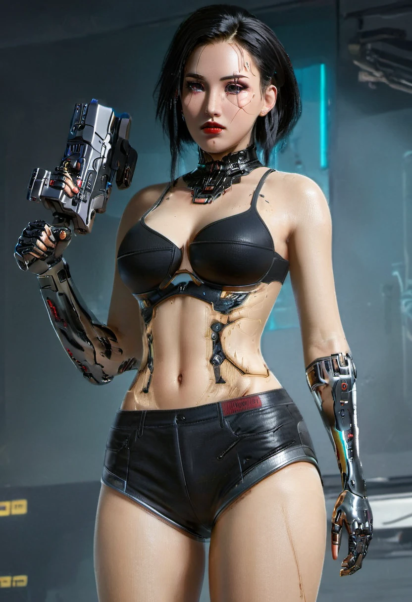Hyper photo realistic picture perfect biomechanical cyberpunk, gorgeous face, beautiful detailed features, think curved eyebrows, long luscious eyelashes, black eyeliner, black eye shadow, bright blush makeup, small little nose, curved lips, bright lipstick, tall, large breast, small areolas, perky hard nipples, perfect body, slinder waist, hips, sexy voluptuous ass, bio mechanical cyborg arms. Bio mechanical cyborg body, show cleavage, bio mechanical cyborg legs,