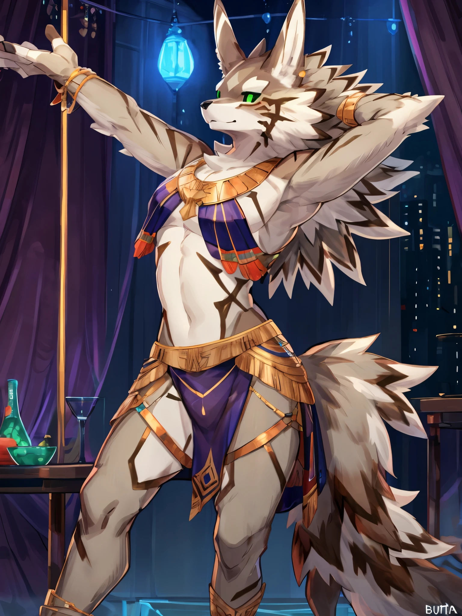 ((by Buta99, by Zackary911, best quality, masterpiece, perfect anatomy, detailed picture)), 1male, Jackal, Seth, Tokyo Afterschool Summoner, brown furs, green sclera eyes, young body, skinny body, tail, harem crop top, harem leg wear, harem loincloth, dancing, in the desert night club background