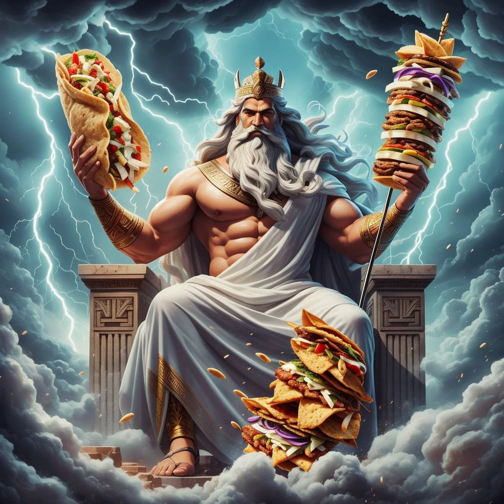 arafed image of a man with a large beard holding a taco and a large sandwich, furious god zeus, the god zeus, epic scene of zeus, the god poseidon, the god hades, greek god, the greek god, olympian god, greek myth digital painting, mythology artwork, the god emperor of mankind, norse god, ancient god, greek gods, with big text in the middle “Zeus Kebab”, more lightning