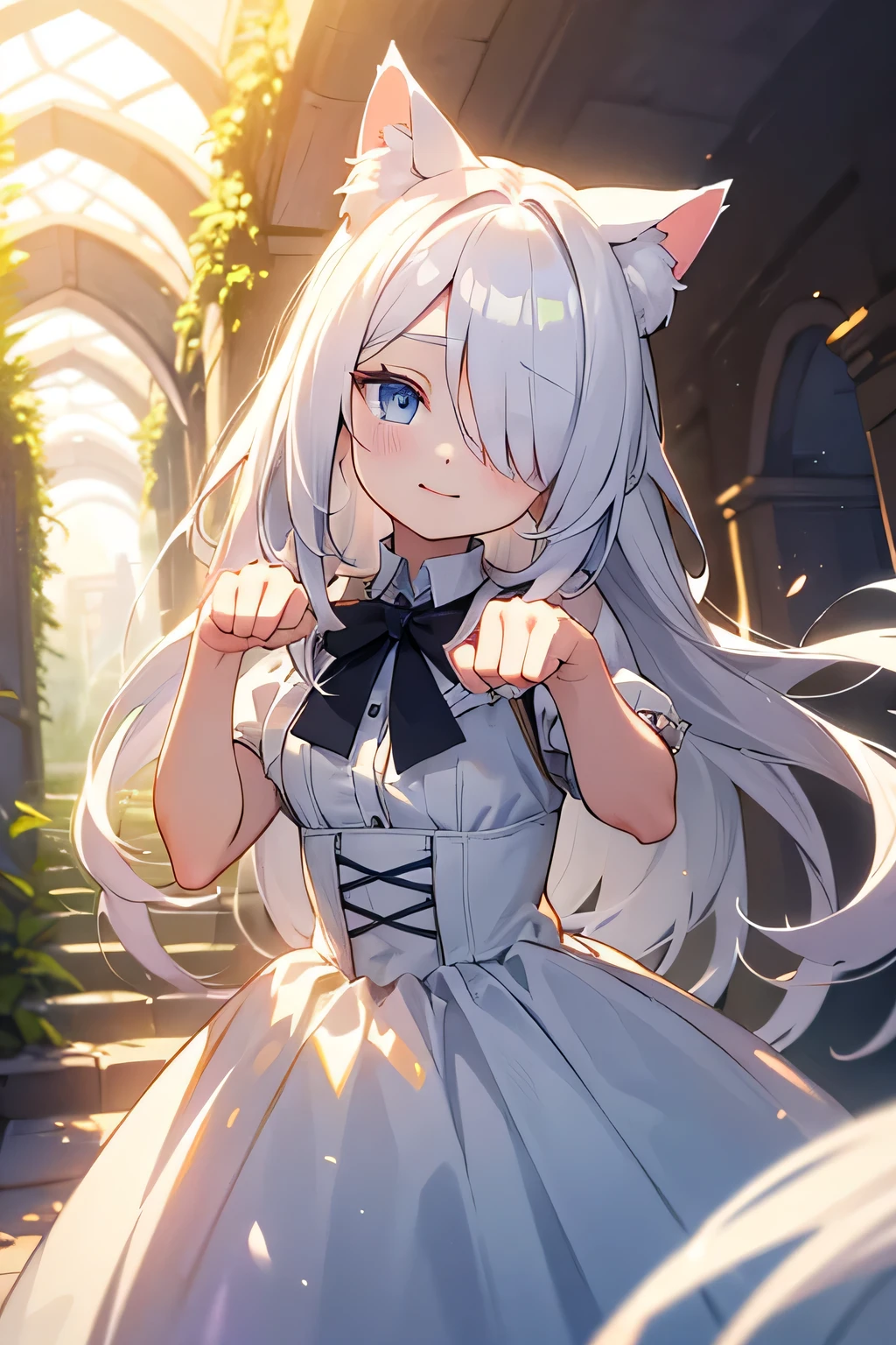 (8K, best quality, master piece: 1.2), super high resolution,, depth of field, pure white official art, ((hair over one eye)), ultra-detailed face, detailed eyes, beautiful woman, very cute girl ,white straight hair,white cat ears,white cat tail,ruffles,ribbon,white victorian dress,Happy,nose blush,long hair,paw pose,Soft Light,in the tunnel,(with the cat)