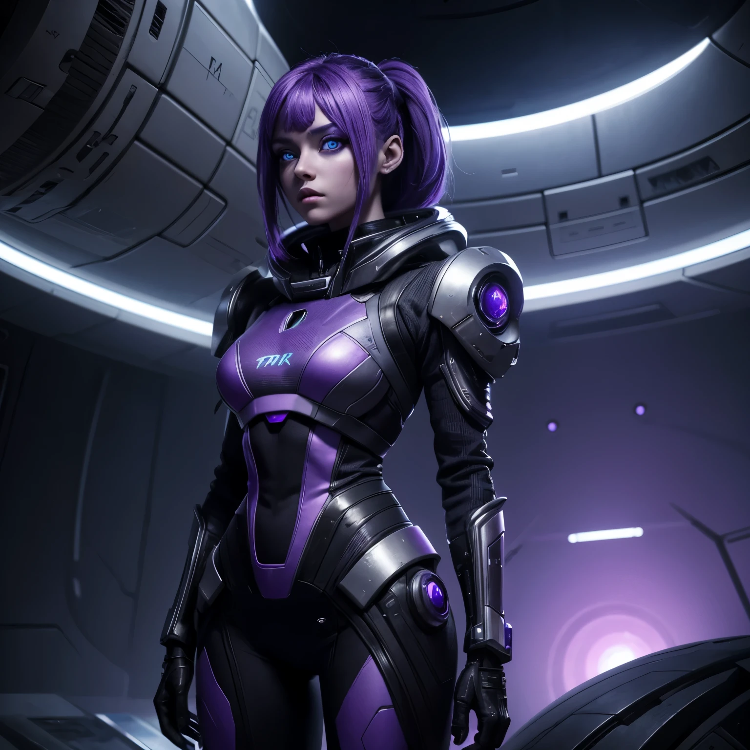 A beautiful alien girl, with a purple skin, hyper realistic, wearing a grey cyberpunk dress, standing on another planet, proxima century b planet, big blue eyes, big, very detailed, realistic, full body pictures