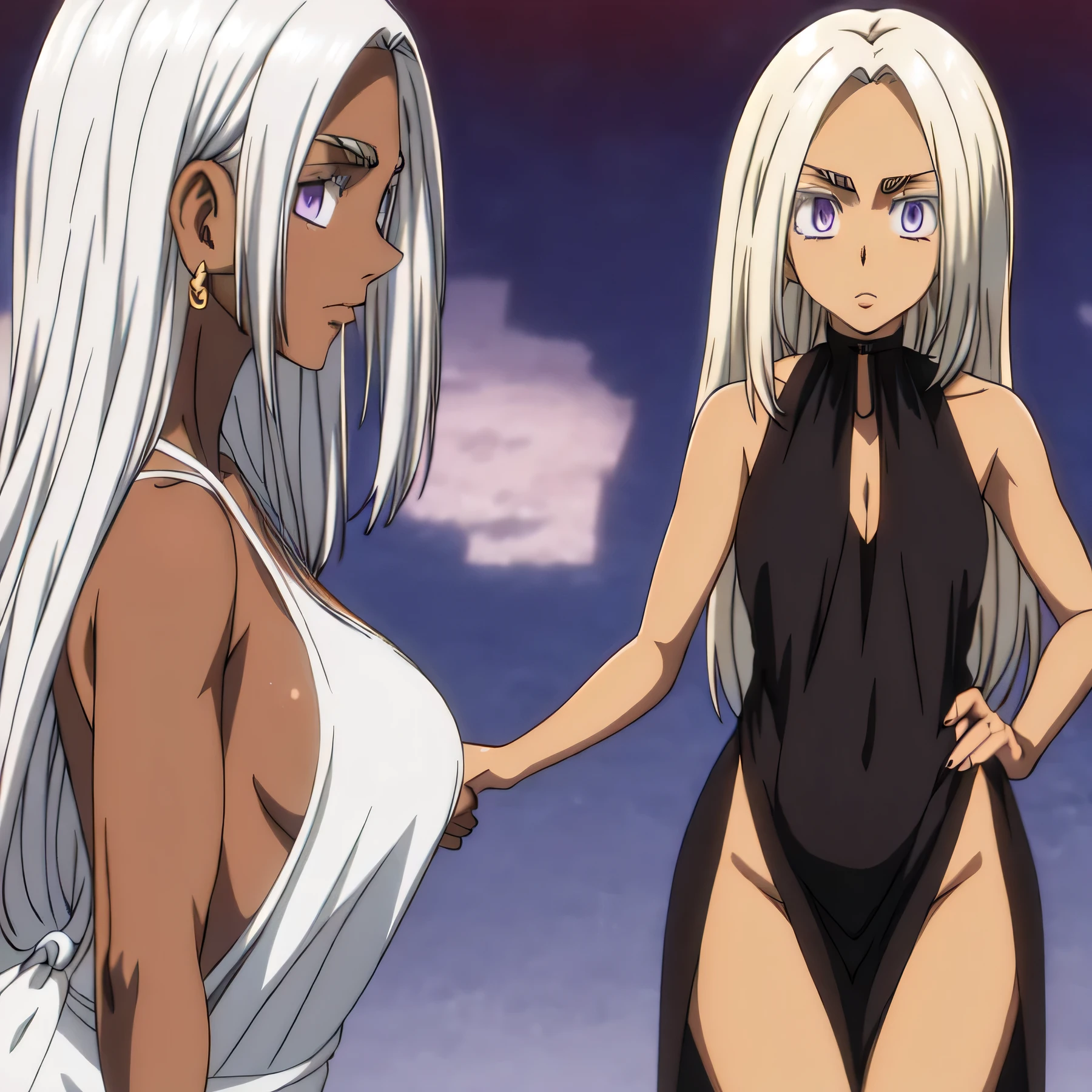 one girl , just one girl , looking at viewer, masterpiece, best quality,Anime - serious face - wearing black night dress - Anime girl - with white long hair - purple eyes - tanned skin - body with feminine curves - perfect curves