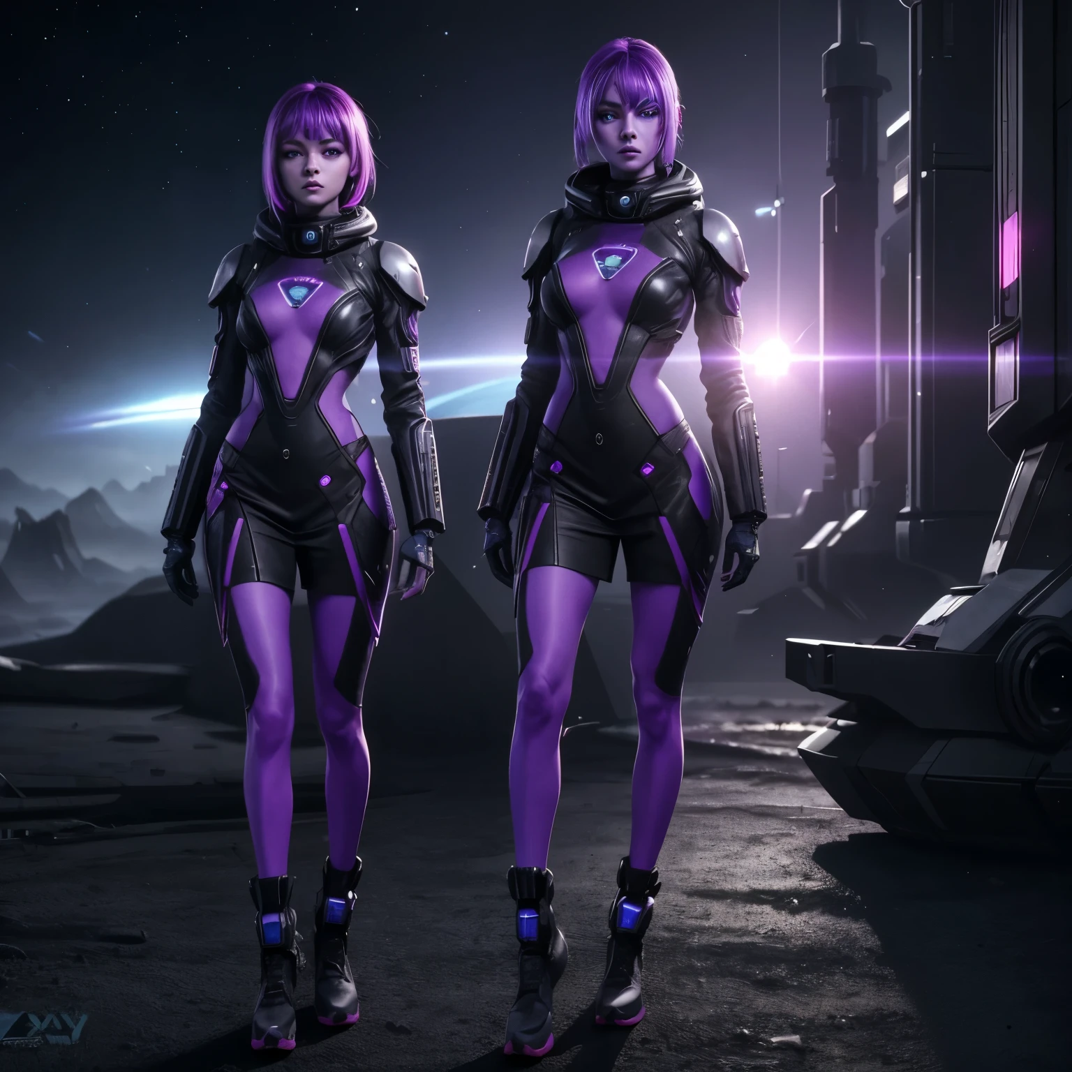 A beautiful alien girl, with a purple skin, hyper realistic, wearing a grey cyberpunk dress, standing on another planet, proxima century b planet, big blue eyes, big, very detailed, realistic, full body pictures 