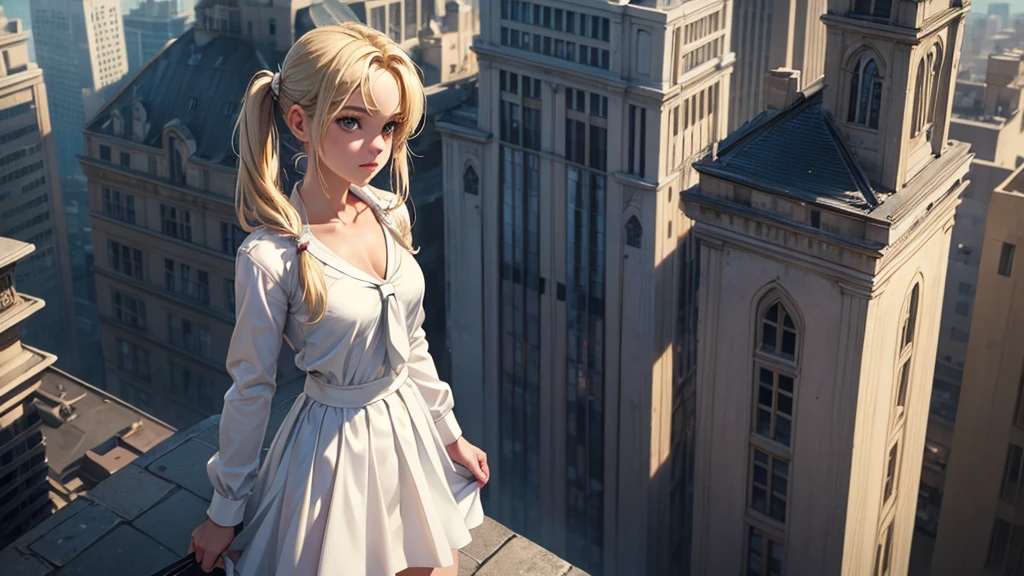 (masterpiece), (best quality), (detailed), light layer, 1solo girl, young girl, perfect body, blonde hair in pigtails, defined chest, defined collarbone, ultra realistic, photorealistic, detailed, ,Enhance, wearing a white dress shirt and tie, dress jacket, mid skirt, standing on the rooftop, midday