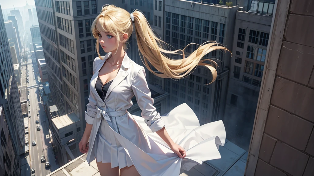 (masterpiece), (best quality), (detailed), light layer, 1solo girl, young girl, perfect body, blonde hair in pigtails, defined chest, defined collarbone, ultra realistic, photorealistic, detailed, ,Enhance, wearing a white dress shirt and tie, dress jacket, mid skirt, standing on the rooftop, midday