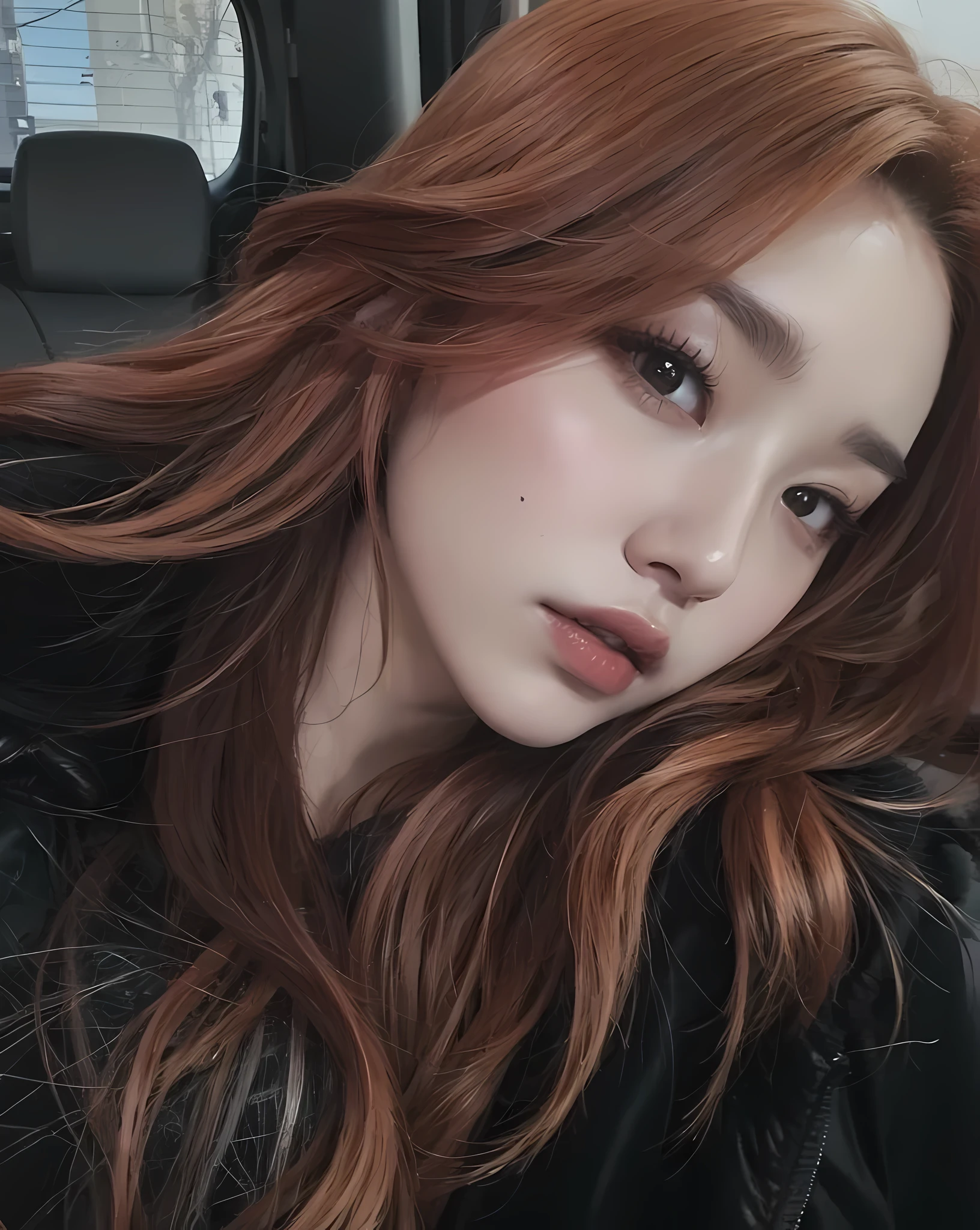 un primer plano de una mujer con largo cabello rojo y una chaqueta negra, inspirado en Tang Sin Yun Sandara, ella tiene el pelo largo color naranja, portrait of jossi de blackpink, jossi de blackpink, heonhwa choe, sun yunjoo, aparcar desde-min, tzuyu de dos veces, jinyoung shin, Con cabello rojo