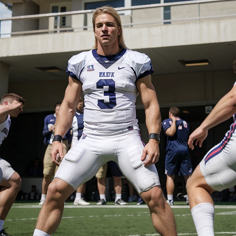 Tall muscular blonde football player in a frat boy outfit