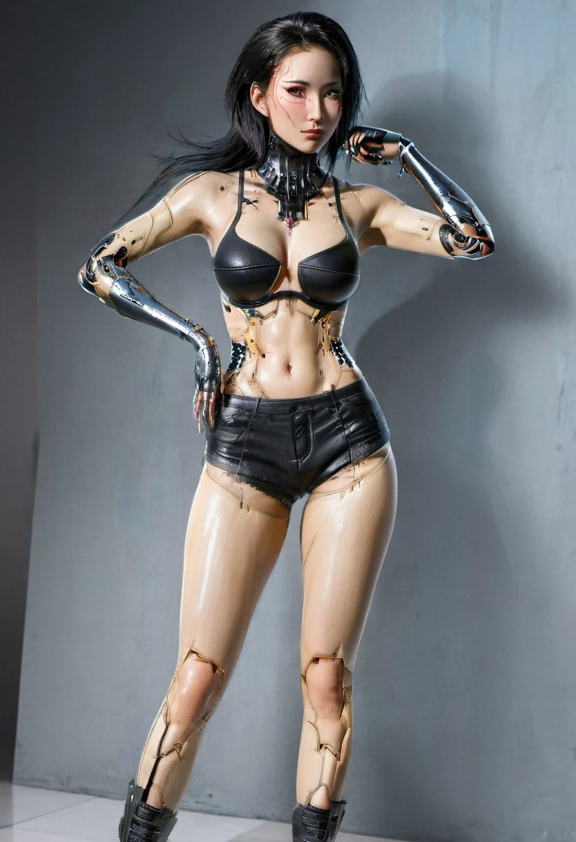 Hyper photo realistic picture perfect bio mechanical cyborg , gorgeous face, beautiful detailed features, think curved eyebrows, long luscious eyelashes, black eyeliner, black eye shadow, bright blush makeup, small little nose, curved lips, bright lipstick, tall, large breast, small areolas, perky hard nipples, perfect body, slinder waist, hips, sexy voluptuous ass, biomechanical cyberpunk arms biomechanical cyberpunk body, show cleavage, biomechanical legs,