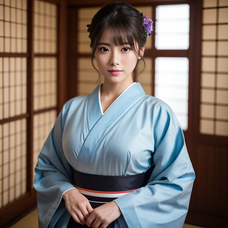 A beautiful woman in a proper kimono、((highest quality、8K masterpiece:1.3))、Sharp focus:1.2、(Super beautiful face:1.0)、(Glowing Skin:1.0)、Photo Real、Black-haired、Video Lighting、High resolution eyes and face、Video Lighting、Japanese idol actress、from the front、Very large breasts、The beauty of slim abs、Full body portrait、Taken at the best angle