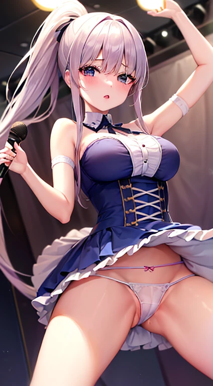 Adult women、Exact finger count、Exact number of legs、Exact number of arms、bangs, Ribbon Ponytail, brown hair, (blush:1), (Put one hand in your panties:1.8), Fingering, (Pussy juice:1.2), Cum in mouth, (A woman is holding a microphone and is about to sing:1.5)、white and navy idol costume、The costume comes with a navy blue idol-style corset.., The costume has a ribbon attached to its collar..、It is a costume that covers up to the shoulders., side, upper arm, and arms., That costume only opens wide at the chest..、Knee-high socks、white idol style skirt, (Underwear with elaborate and luxurious decorations:1.3), Ribbon at collar., (White and pink panties with lots of lace:、Very large breasts、Nipples、Gray Hair、Long Hair、risque clothes