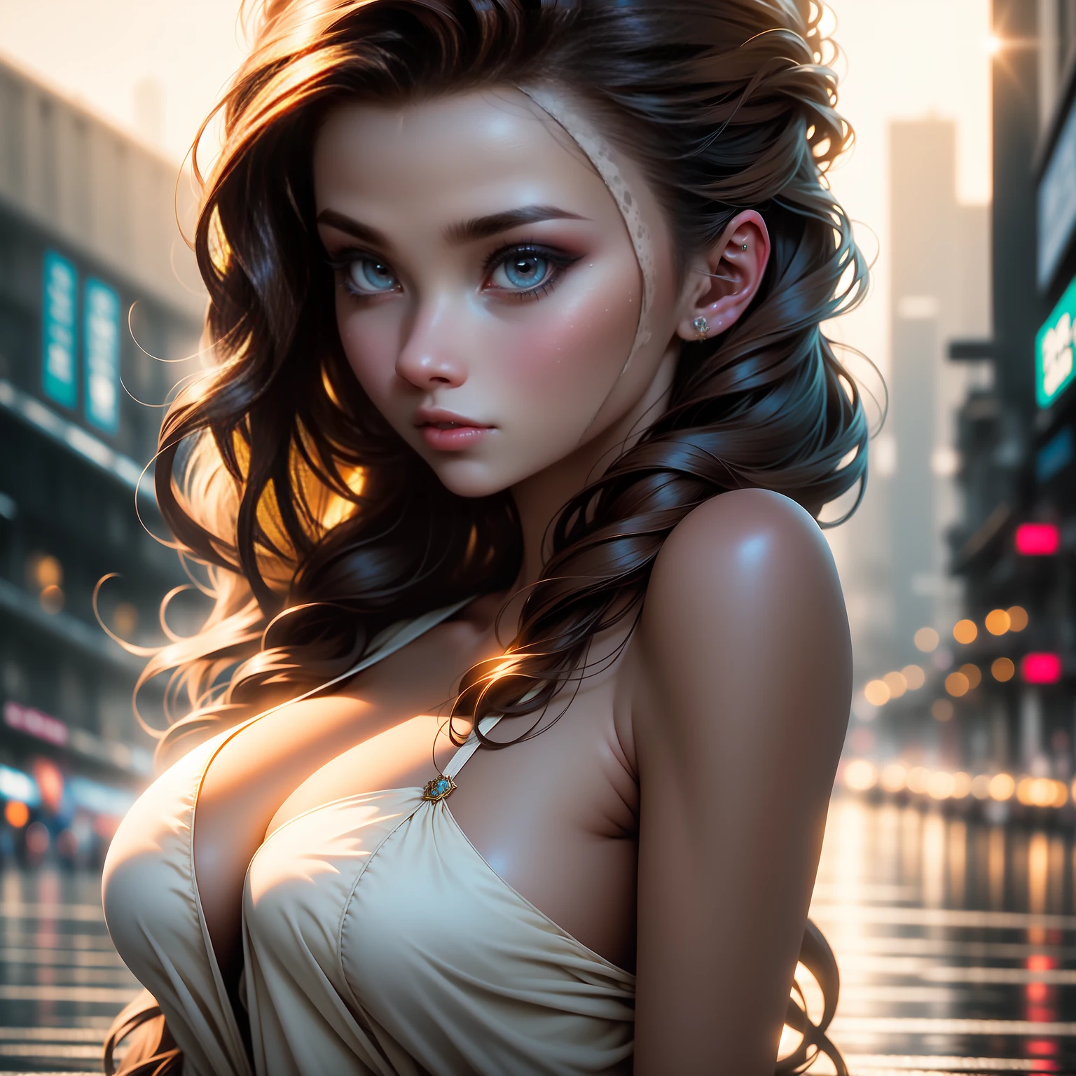 Photo of 25 year old European girl, RAW, beautiful woman, (brown hair with extra long wavy), ((portrait)), (Detailed face: 1.2)), (Detailed facial features)), (Fine skin), pale skin, high detail and deep cleavage body conhasmat suit, slim body, megacity environment, (cold color), wet, moist, reflection, (masterpiece) ( Perfect proportions) (realistic photos) (highest quality) (detail) shot with Canon EOS R5, 50mm lens, f/2.8, HDR, (8k) (wallpaper) (movie lighting) (dramatic lighting) (sharp focus) (complex) fashion