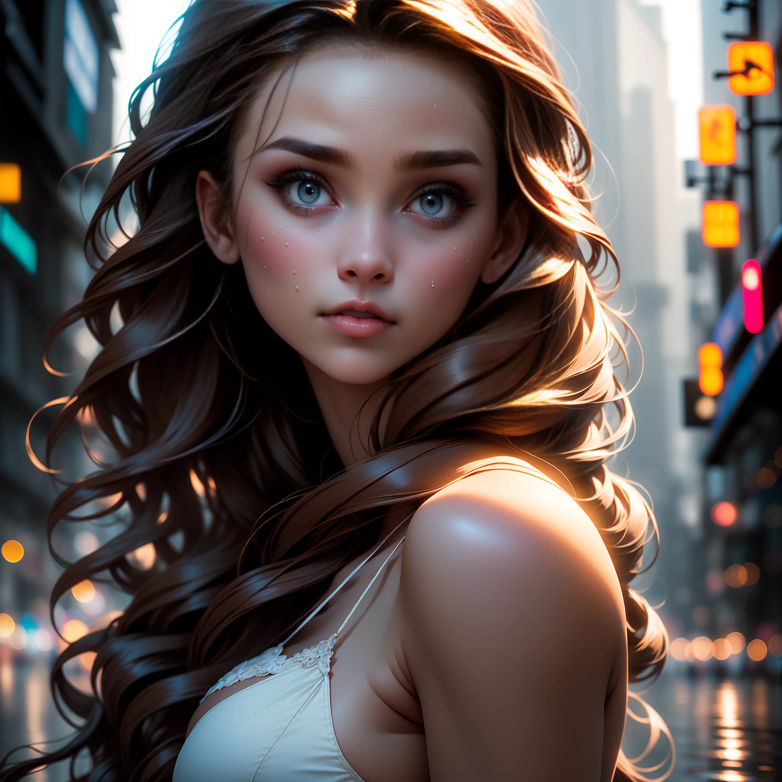 Photo of 25 year old European girl, RAW, beautiful woman, (brown hair with extra long wavy), ((portrait)), (Detailed face: 1.2)), (Detailed facial features)), (Fine skin), pale skin, high detail and deep cleavage body conhasmat suit, slim body, megacity environment, (cold color), wet, moist, reflection, (masterpiece) ( Perfect proportions) (realistic photos) (highest quality) (detail) shot with Canon EOS R5, 50mm lens, f/2.8, HDR, (8k) (wallpaper) (movie lighting) (dramatic lighting) (sharp focus) (complex) fashion