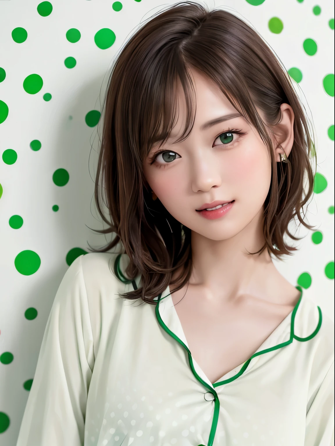 (highest quality、8k、32k、masterpiece、Hmph:1.2)、(RAW Photos)、(Realisticな)、(Realistic:1.2)、(High resolution)、Very detailedな、とても美しいfaceと目、One Girl、丸くて小さいface、big breasts and small waist、Delicate body、(close、highest quality、Attention to detail、Rich skin detail、)、(highest quality、8k、Oil paint:1.2)、Very detailed、(Realistic、Realistic:1.37)、Vibrant colors、(((Blushing)))、(((woman'face)))、(((Light brown hair)))、(((lol)))、(((lolfaceです)))、(((Teeth are visible)))、(((short hair)))、(((Bust Shot)))、(((White Background)))、((Long Hair))、(((Pure white wall background)))、(((Wearing green and white pajamas)))、(((Green polka dot pajamas)))、(((Pure white wall background)))、(((Touching cheek)))、Arms crossed、lolっています