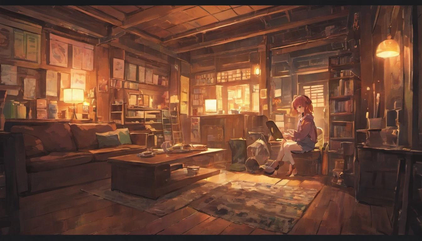 night、Girl sitting and listening to music in a cozy room, Using headphones, Anime-style 2D, Lo-Fi, hard disk, Dark Environment