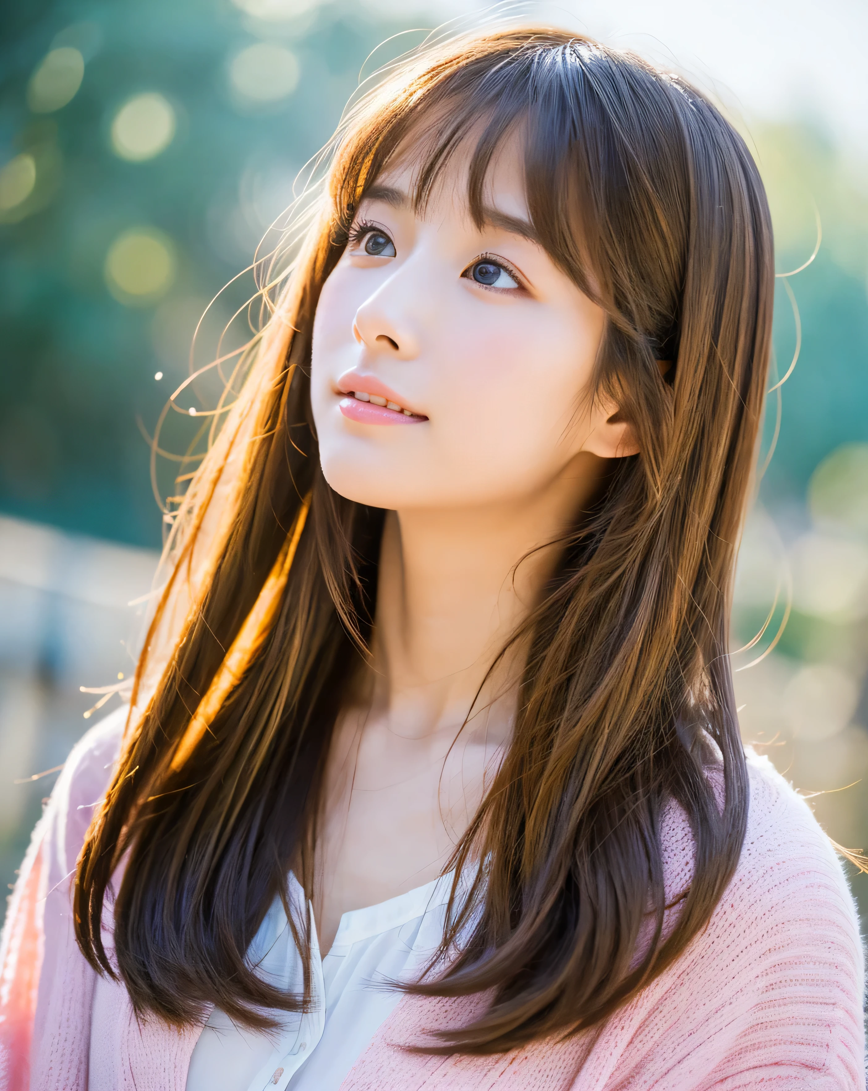 (highest quality, 32k, High resolution, masterpiece:1.5, ), A haunting fantasy portrait painted in an abstract style, ((In a swirl of fantastic pastel colors and soft light)), Evoking a soothing tranquility and elusive beauty, Expressing emotions, Have a rich imagination, Cute Japanese Girls, An exceptionally beautiful face, full shot of full body, Low - Angle, Reach out to your audience, perfect human anatomy, Magical big eyes, A gentle smiling profile, motherhood and tolerance, I look at you with all my kindness, ((Shiny brown straight long hair)), Beautifully styled super long hair, Beautiful asymmetrical bangs, Hair between the eyes, Transparent and soft skin, Neat, thin eyebrows, double eyelid, Pale pink lips, ((See-through transparent camisole,)), High resolution perfect clavicle, Beautiful chest in high resolution, Slender body with ample breasts, High resolutionの美しい太もも, Soft sunlight, Professional Lighting, Professional Photographer, Professional Model,Mysterious