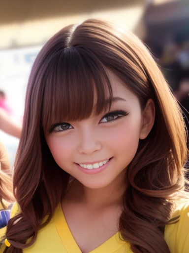 Holding a pom-pom in the stadium、Two Arafed Asian Cheerleaders in a Dynamic Pose, close, Cosplay Photos, Anime Cosplay, Small breasts, RAW Photos, highest quality, High resolution, (masterpiece), (Realistic:1.4), Professional photography, Sharp focus, High resolution, 8k resolution, Intricate details, Depth of written border, Highly detailed CG Unity 8k wallpaper, Front light, Browsing Caution, woman, girl, Beautiful Supermodel, smile, thin, Small cheer uniform, yellow,