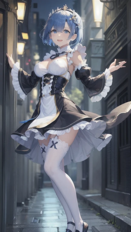 (masterpiece, highest quality:1.2), One Girl, alone,blonde、Upper body naked、Mid-chest、Black Knee High、Blue Hair、Nipple erection、Raise your hands and fold them behind your back、Drooling from the mouth、Half naked、Stand up and lift your legs、squint、Optical illusion、detailed、stand up、Standing on one leg、Lift your legs、whole body、whole、Lift your legs straight up、Put one foot on the ground、Blue Hair, Againm \(Again:zero\), [smile], blush, city,, masterpiece, highest quality, Perfect lighting, One girl, skirt, medium bAgainasts, masterpiece, Highest_quality, 1 person, solo, Hips, Big Ass, From the back, Light blue hair、Short hair、blue eyes、Againmu(Again:zero)、Drooling from the mouth、Open your mouth、Sticking out tongue