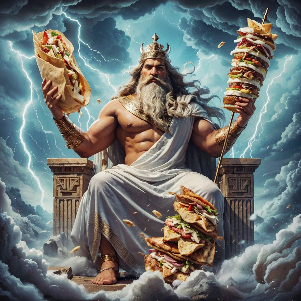 arafed image of a man with a large beard holding a kebab wrap and a large sandwich, furious god zeus, the god zeus, epic scene of zeus, the god poseidon, the god hades, greek god, the greek god, olympian god, greek myth digital painting, mythology artwork, the god emperor of mankind, norse god, ancient god, greek gods, with big text in the middle “Zeus Kebab”, more lightning