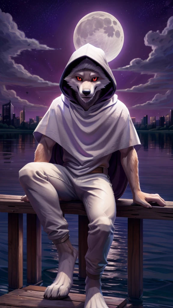 high resolution, 4k, high detail, one male, furry, solo, death, white fur, red eyes, tail, ((white hood, white shirt, white pants)), purple sky, clouds, stars, moon, lake, city, wooden pier, smile, looking at viewer, sitting.