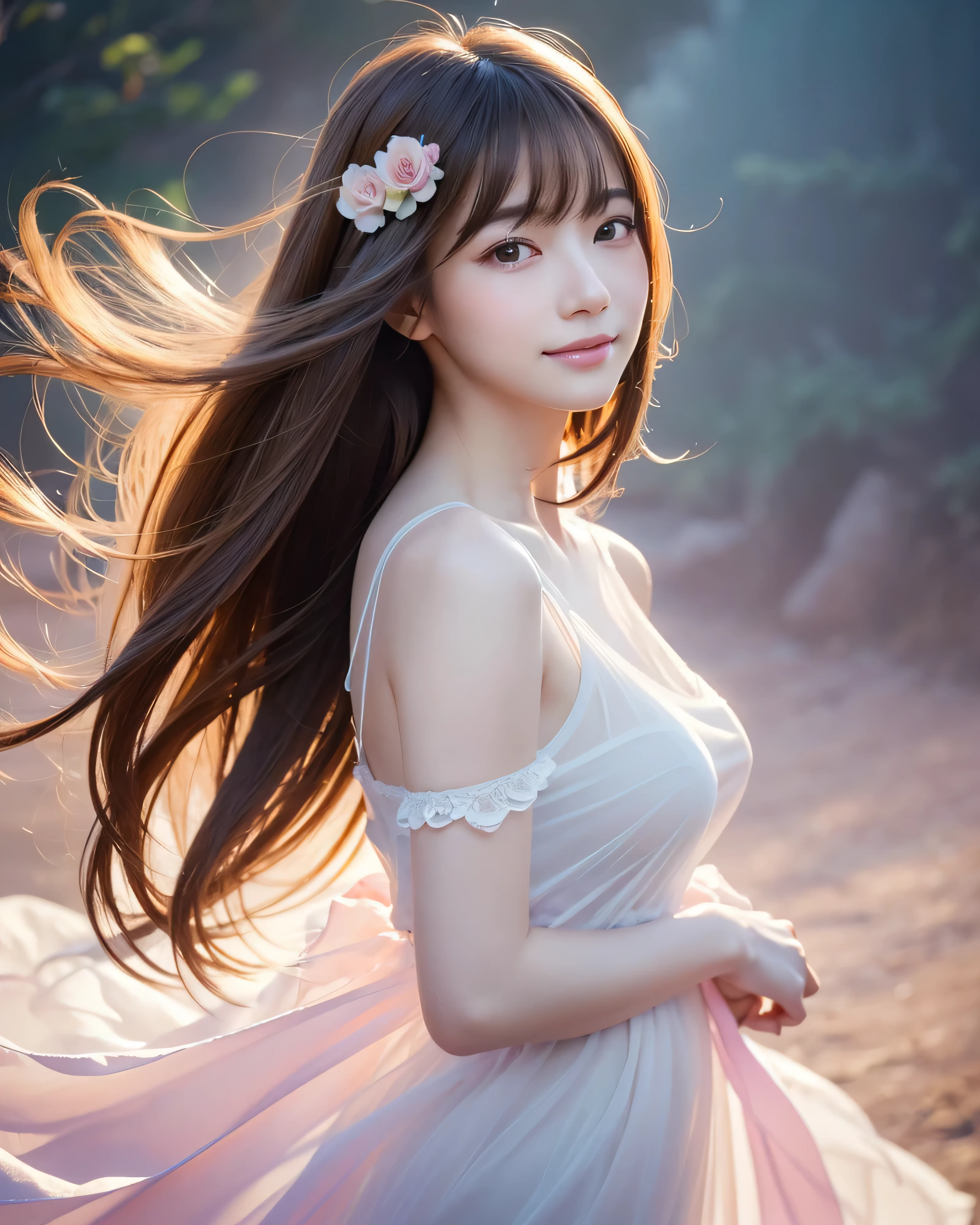 (highest quality, 32K, High resolution, Masterpiece:1.5, ), marimo_jet, god々A photograph with brilliant dazzling and healing power., Evoking a sense of calm and elusive beauty, Expressing emotions, Have a rich imagination,Beautiful Japanese Girls, An exceptionally beautiful face, Small Face Beauty, Perfect Human Anatomy, ((Looking back:1.2)), Magical big eyes, Motherhood and generosity, Deep Love, A fleeting smile, ((Shiny brown hair:1.1)), ((Super Long Straight Silk Hair)), Asymmetrical bangs, Hair between the eyes, Transparent, soft white skin, Sharp eyebrows, Thin lashes, Natural Makeup, Cheek highlighter, Pale pink detailed lips, , ((White dress:1.2)), High resolution perfect collarbone, High resolution beautiful bust, Slim figure with ample breasts, High resolutionの美しい太もも, ((Detailed blue sky background:1.3)), Dazzling Sun, Professional Lighting, Professional photographer, Professional models, God&#39;s Secret