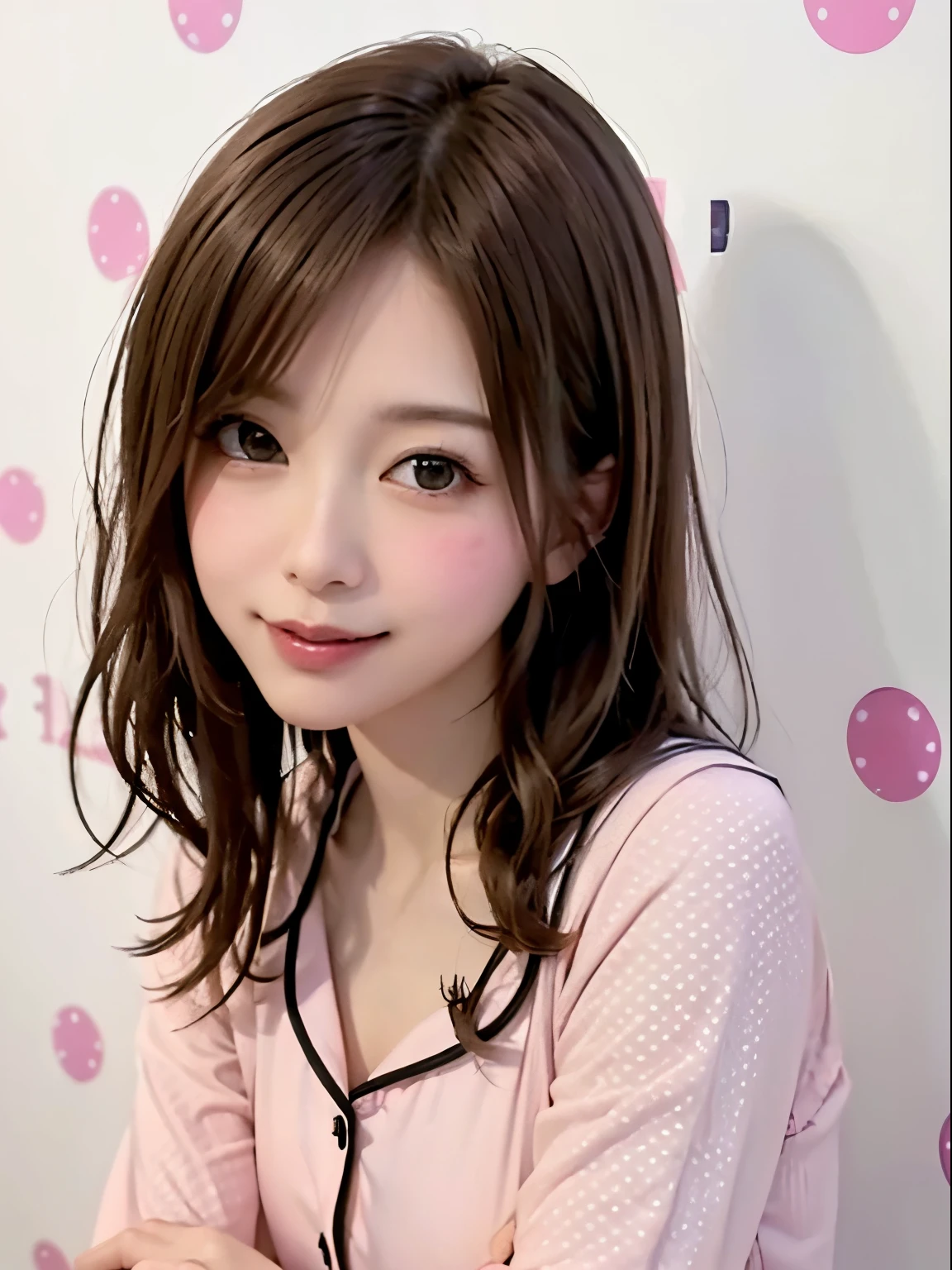 (highest quality、8k、32k、masterpiece、Hmph:1.2)、(RAW Photos)、(Realisticな)、(Realistic:1.2)、(High resolution)、Very detailedな、とても美しいfaceと目、One Girl、丸くて小さいface、big breasts and small waist、Delicate body、(close、highest quality、Attention to detail、Rich skin detail、)、(highest quality、8k、Oil paint:1.2)、Very detailed、(Realistic、Realistic:1.37)、Vibrant colors、(((Blushing)))、(((woman&#39;face)))、(((Light brown hair)))、(((lol)))、(((lolfaceです)))、(((Teeth are visible)))、(((short hair)))、(((Bust Shot)))、(((White Background)))、((Long Hair))、(((Pure white wall background)))、(((She is wearing pink and black pajamas)))、(((Black and pink polka dot pajamas)))、(((Pure white wall background)))、(((Touching cheek)))、Arms crossed、lolっています