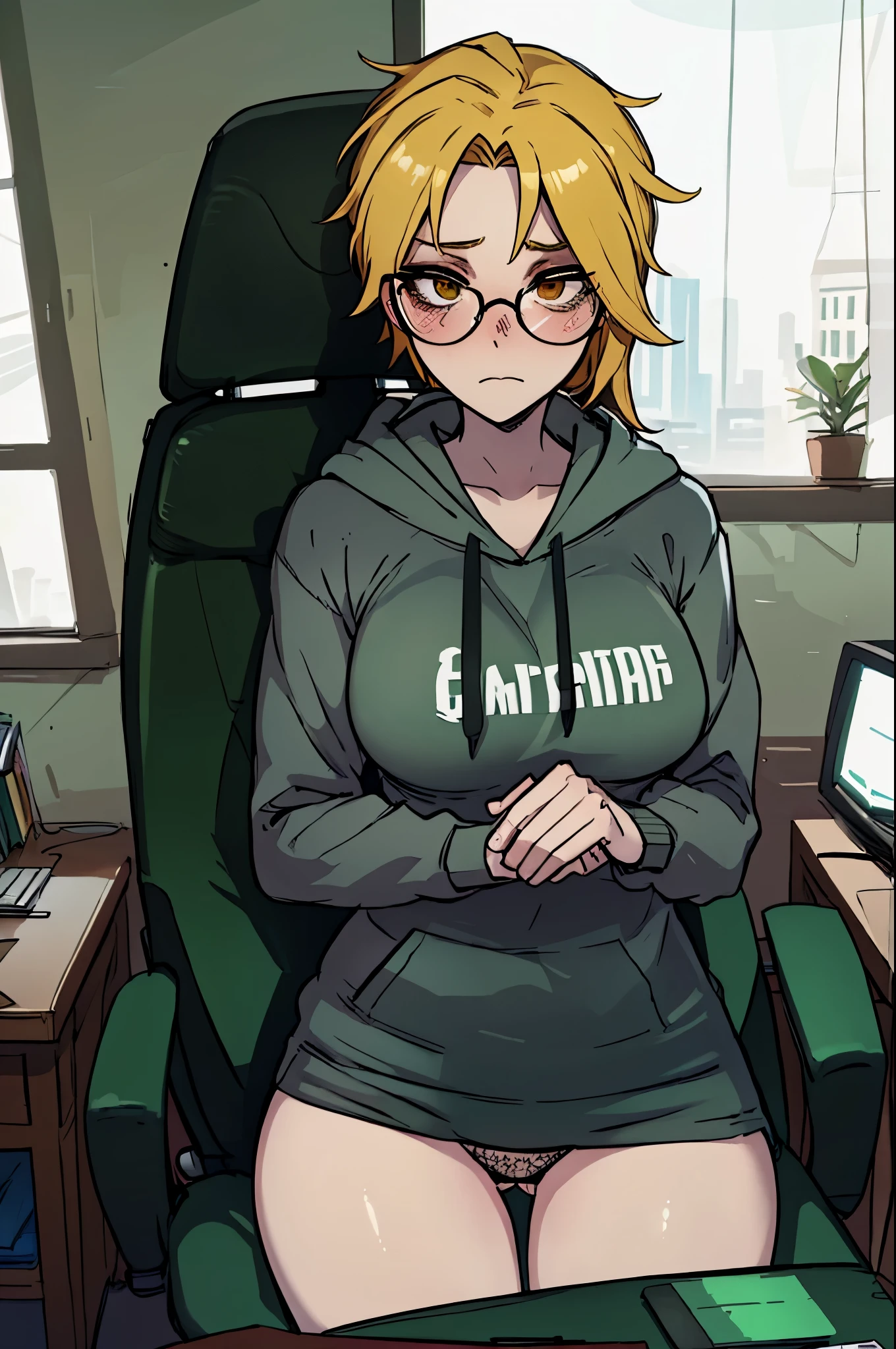 Masterpiece, best quality, top half of body, portrait, female, pale skin, bright green messy tied up hair, slob, embarrassed, wears large round glasses, hazel brown eyes, visible panties, doesn't wear makeup, Nerdy, Gaming chair, Computer, hoodie, no pants, beautiful, college professor, professional attire,  