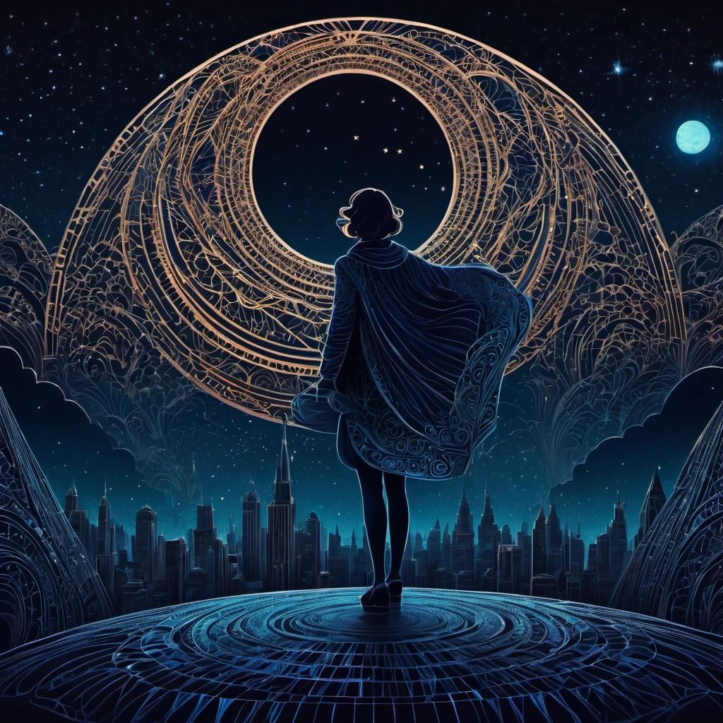 (best quality, highres, ultra sharp), magical person Standing on the Rooftop , about the curvature of space time, in a dark night, art deco, zentangle, 3d crunch, cinematic
