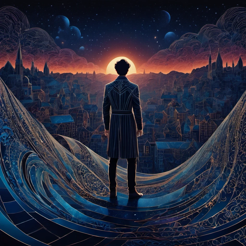 (best quality, highres, ultra sharp), magical person Standing on the Rooftop , about the curvature of space time, in a dark night, art deco, zentangle, 3d crunch, cinematic